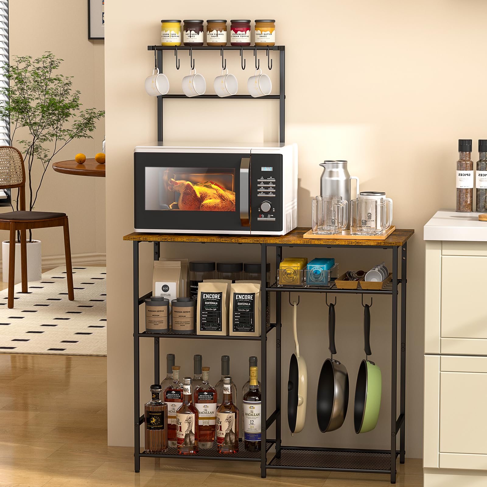 3IngSeagulls Bakers Rack for Kitchen with Storage, Microwave Stand with Adjustable Shelves, Kitchen Stand with 10 S Hooks, 6-Ti