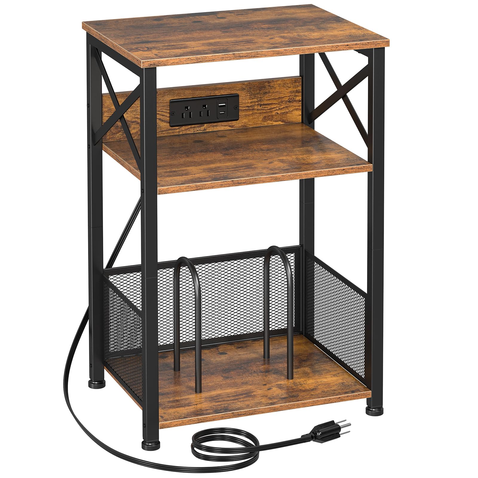 AMHANCIBLE Record Player Stand with Charging Station, Turntable Stand with Storage Cabinet, 3 Tier End Table Hold Up to 100 Albu