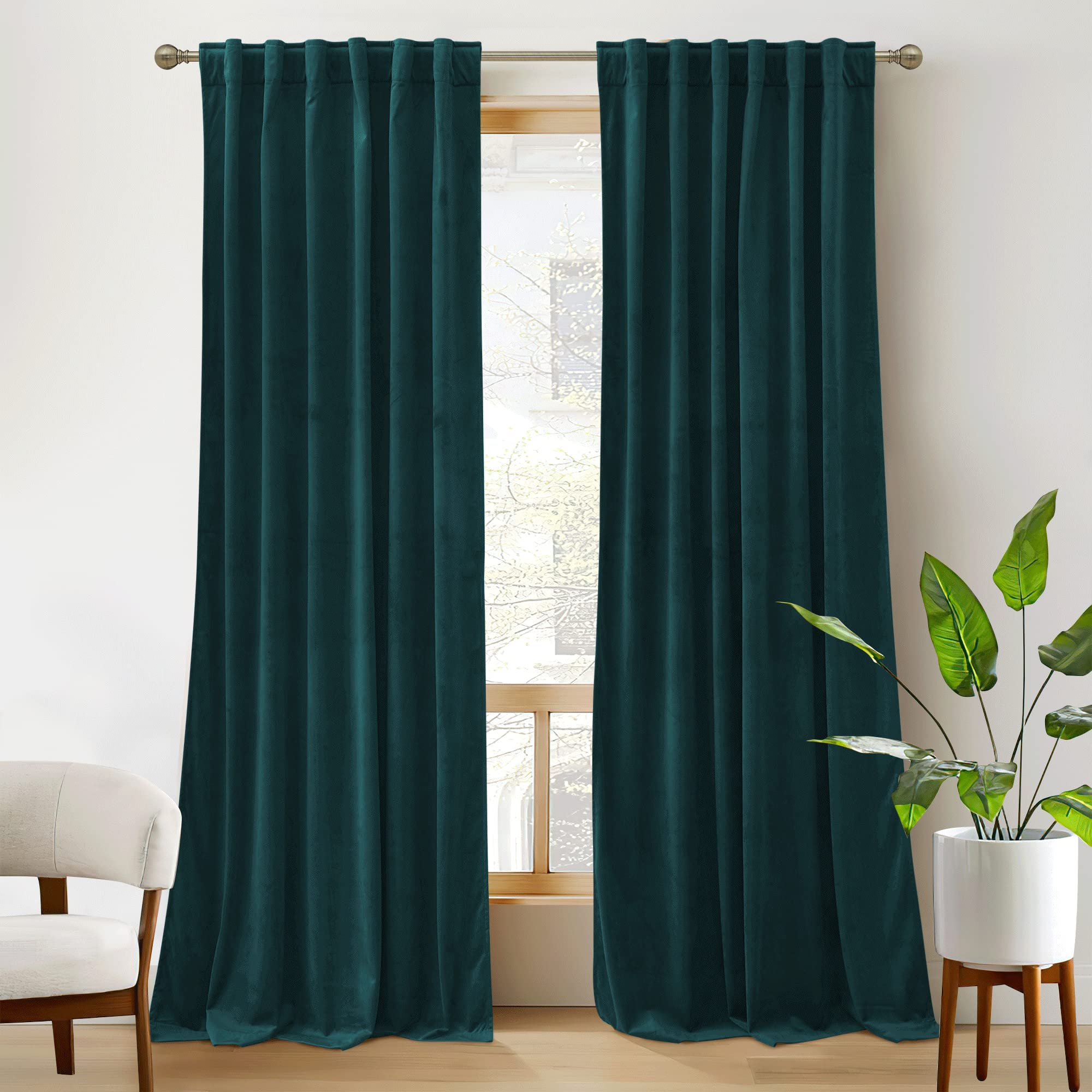 RYB HOME Velvet Curtains 120 inches 2 Panels Set - Super Soft Durable Window Drapes Room Darkening Energy Smart Back Tap for Apa