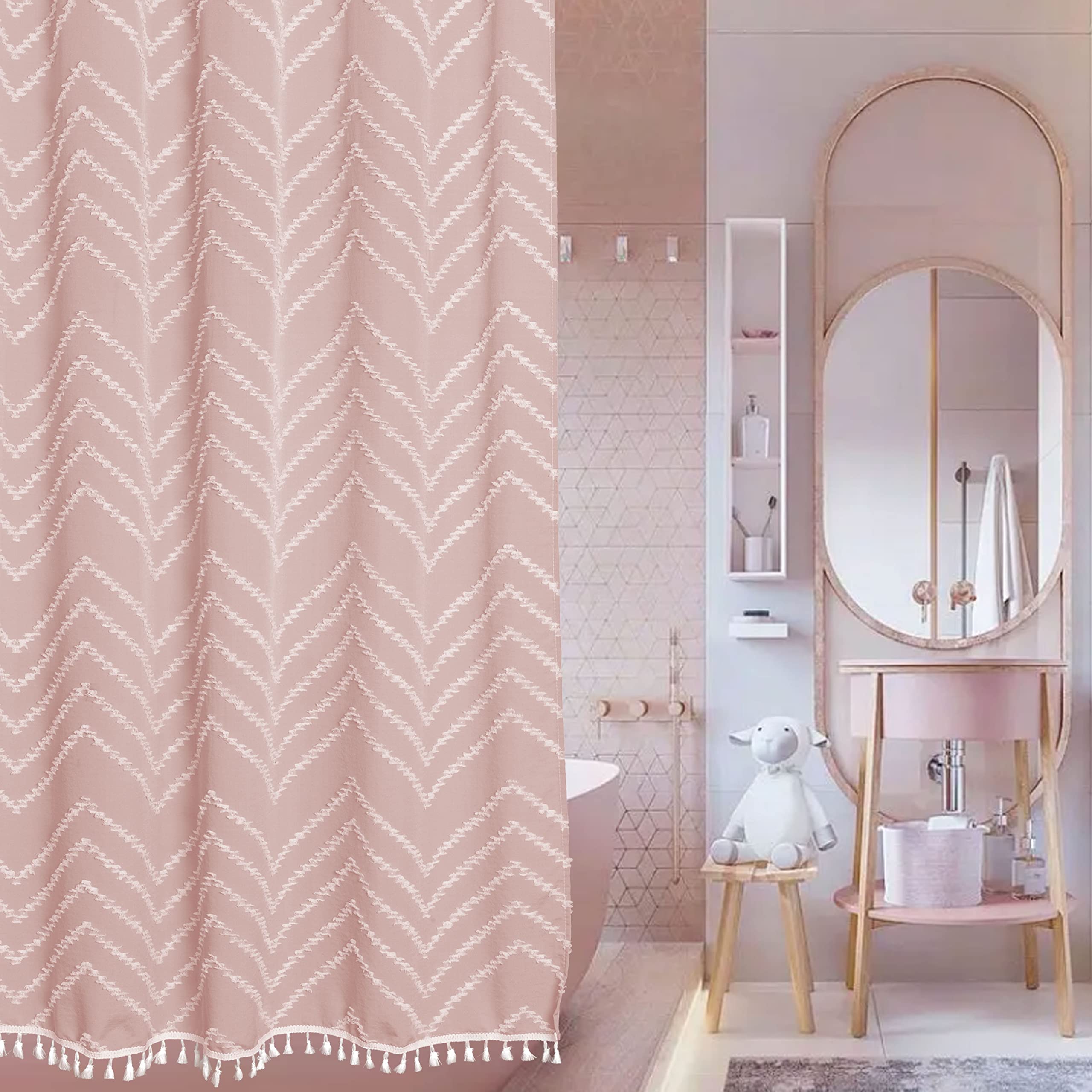 Extra Long Pink Boho Shower Curtain with White Tassel, Woven Fabric 84 in Shower Curtain, Tufted Chevron Striped, 72 x 84, Moder