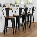 Apeaka 24 Swivel Metal Bar Stools Set of 4 Counter Height Bar Chairs Industrial High Back Barstools with Large Wooden Seat Matte