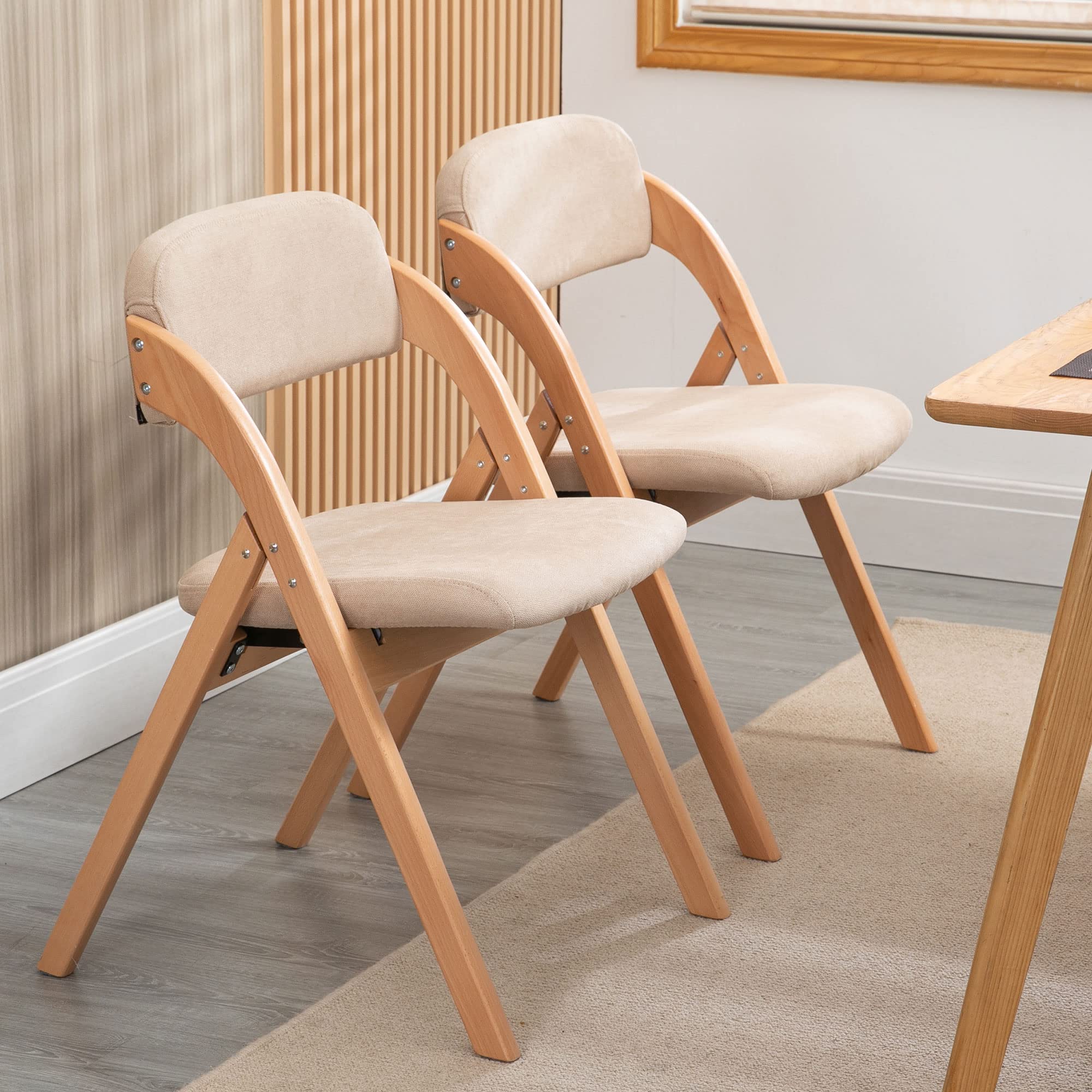 HOMEFUN Folding Chairs with Padded Seats, Wooden Stackable Dining Chair Set of 2 with Removable Cover Extra for Guests Kitchen O