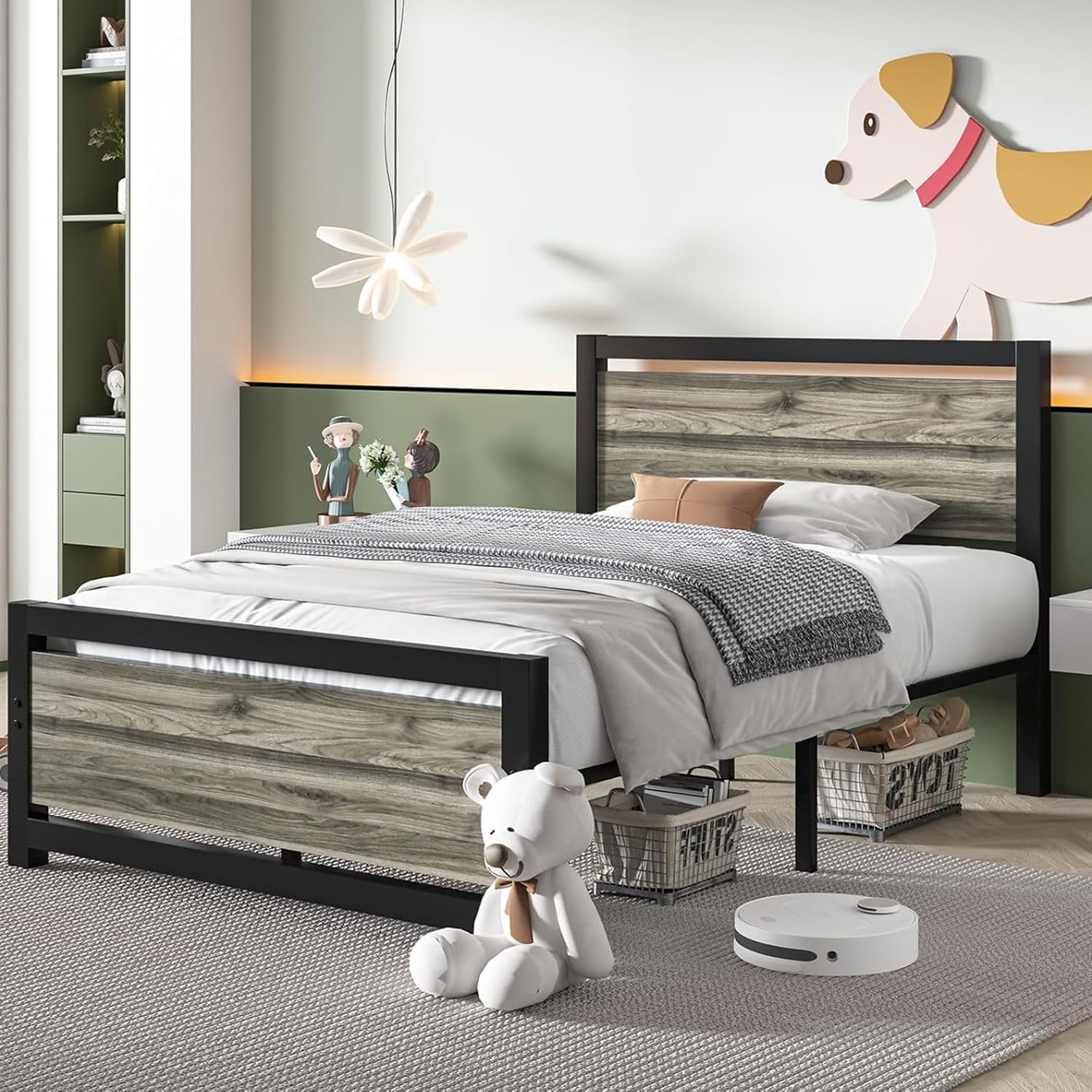 Catrimown Twin Bed Frames with Wood Headboard and Footboard, Heavy Duty Metal Twin Platform Bed Frame, Noise-Free, Twin Bed Fram