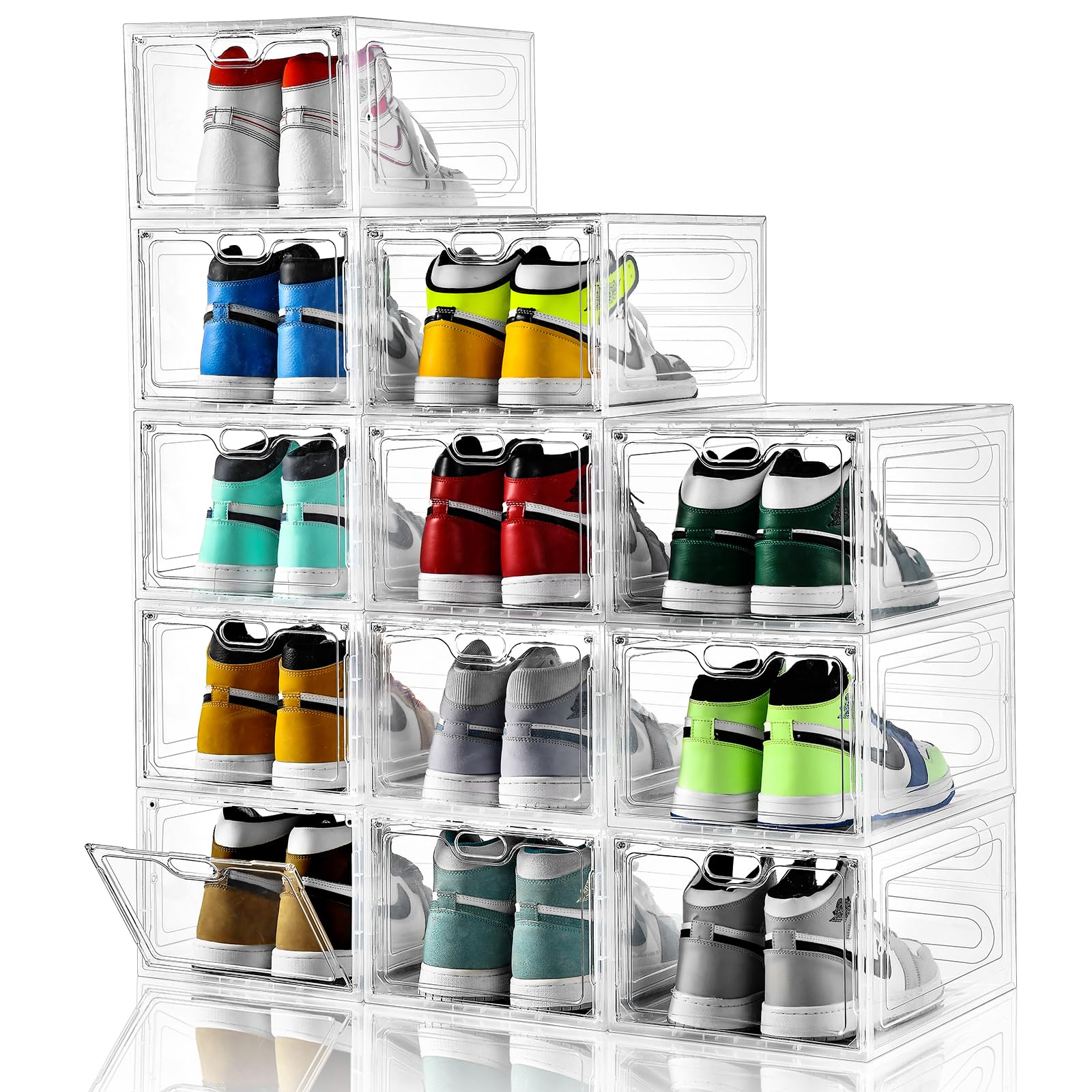 INSTY 12 Pack Shoe Storage Boxes, Stackable Clear Boxes With Doors, Organizer Containers For Sneakers - Fit US Mens/Womens Siz