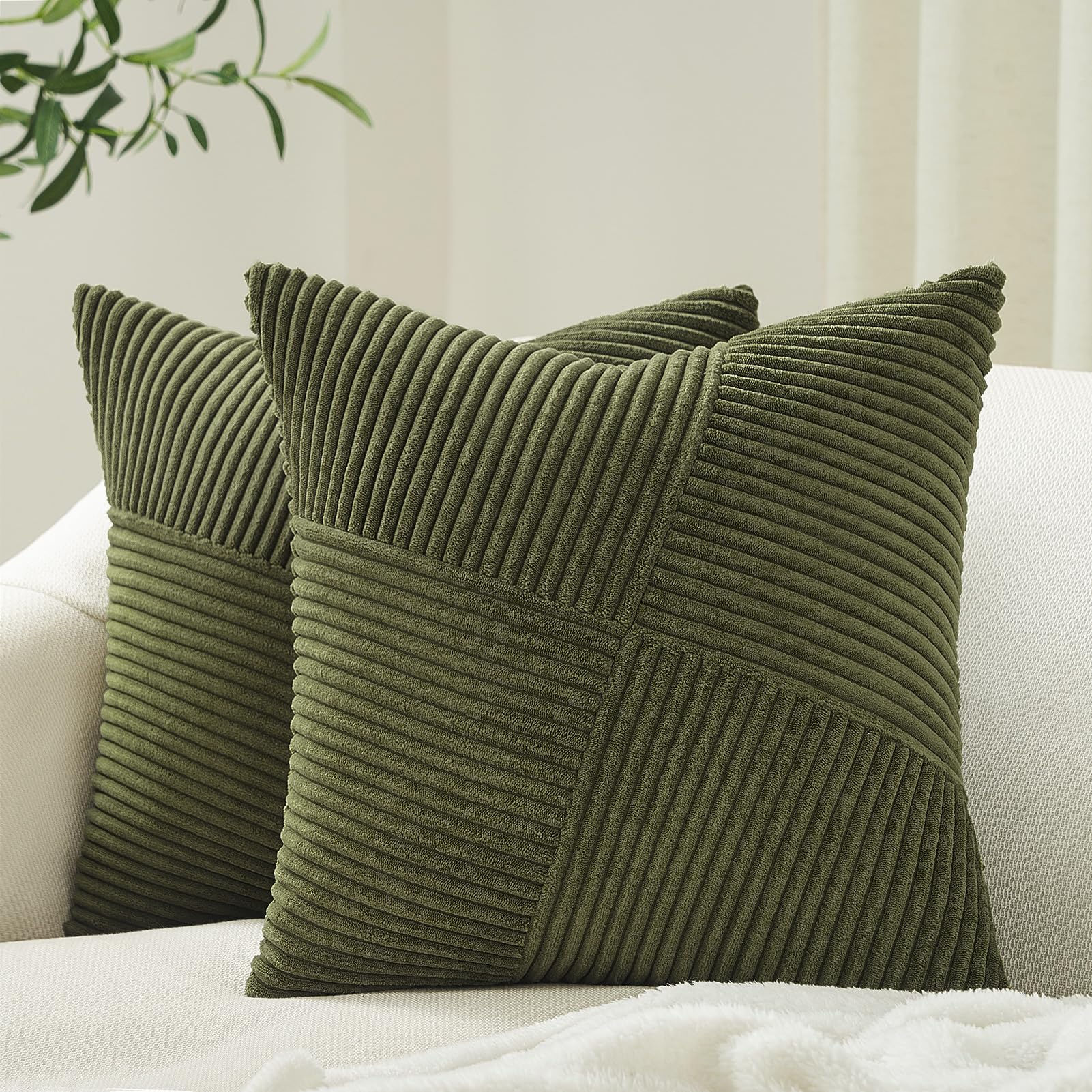 Topfinel 12x12 Inch Olive Green Decorative Throw Pillow Covers Set of 2,Soft Corduroy Small Couch Pillow Covers Windmill Texture