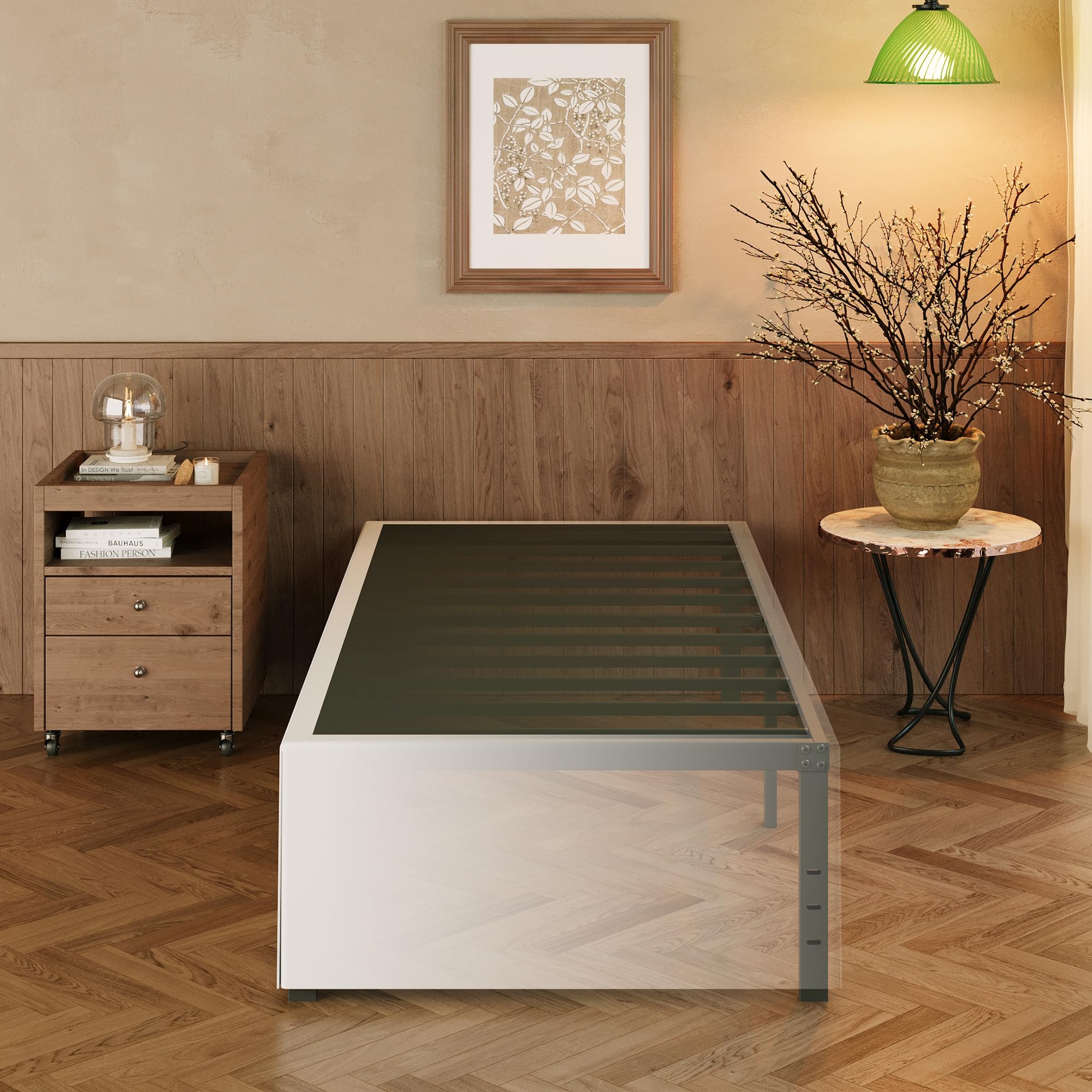 EMODA 18 Inch Twin Bed Frames with White Cover Skirt, Heavy Duty Metal Twin Platform Bed Frame No Box Spring Needed, Noise Free,