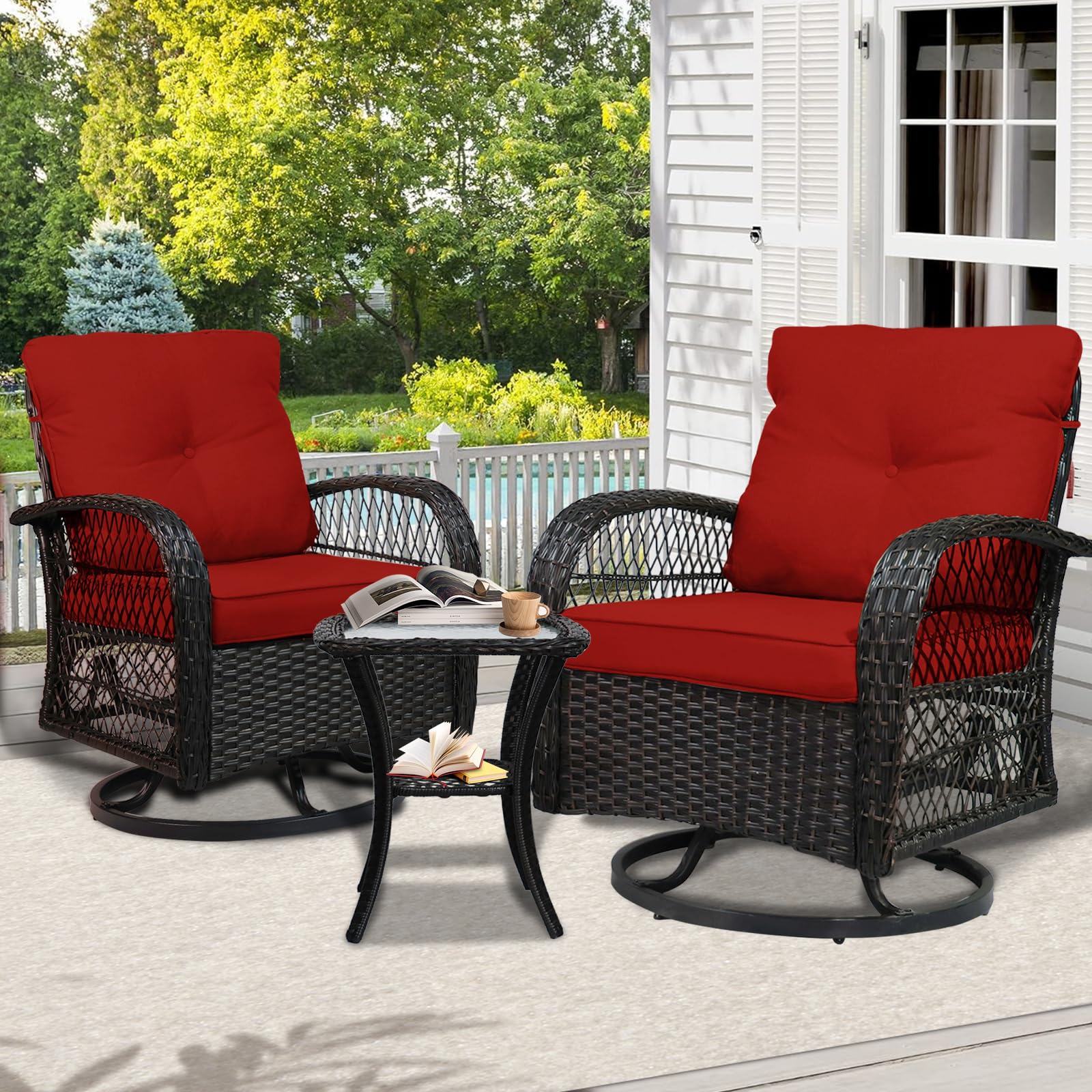 SHGJ&SOFT 3 Piece Patio Furniture Set, 2 Outdoor Swivel Rocking Chairs with Side Table, Wicker Glider Chairs, All-Weather Rattan
