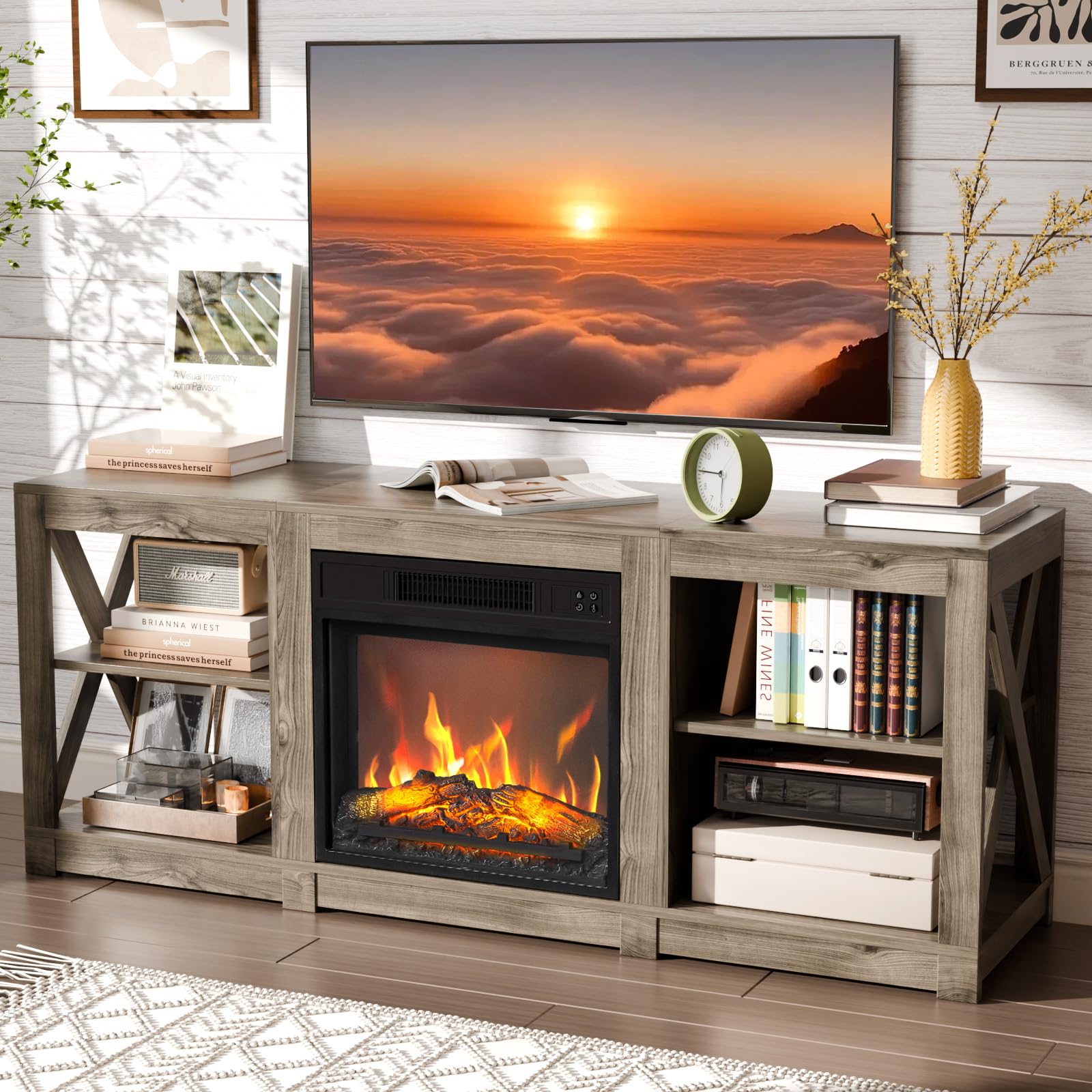 VINGLI Fireplace TV Stand up to 70   TVs, Farmhouse Fireplace Entertainment Center with Adjustable Shelves, Media Entertainmen