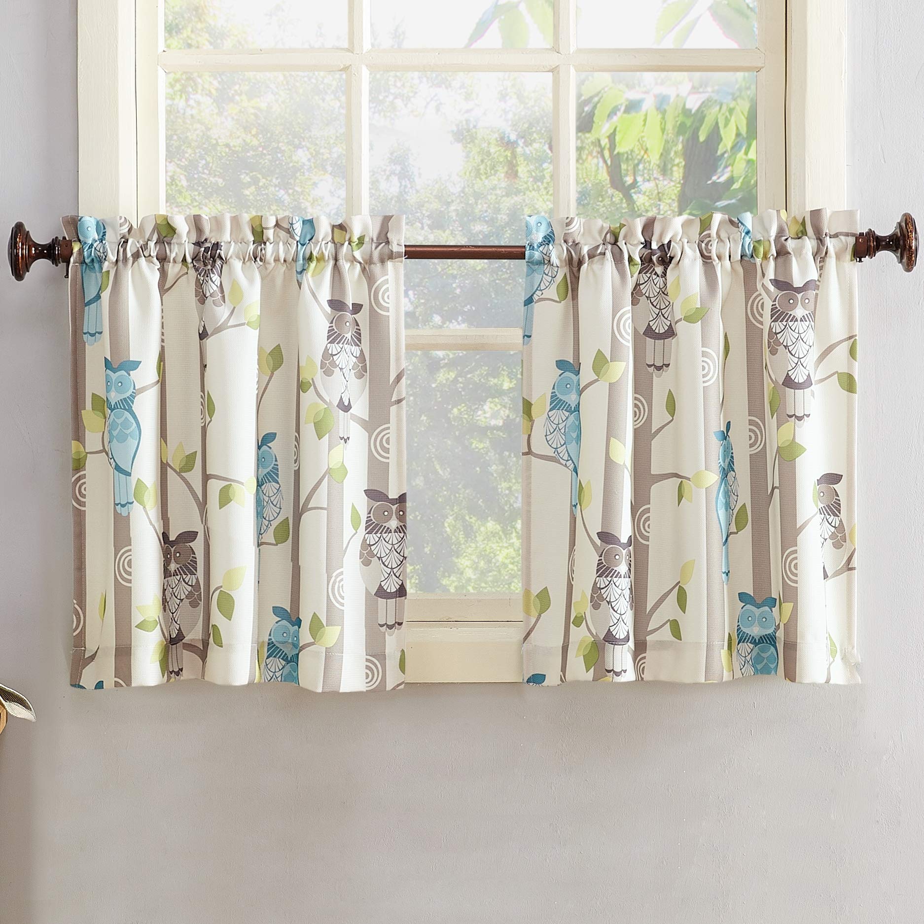No. 918 Hoot Owl Print Semi-Sheer Rod Pocket Kitchen Curtain Tier Pair, 56 x 24, Mocha