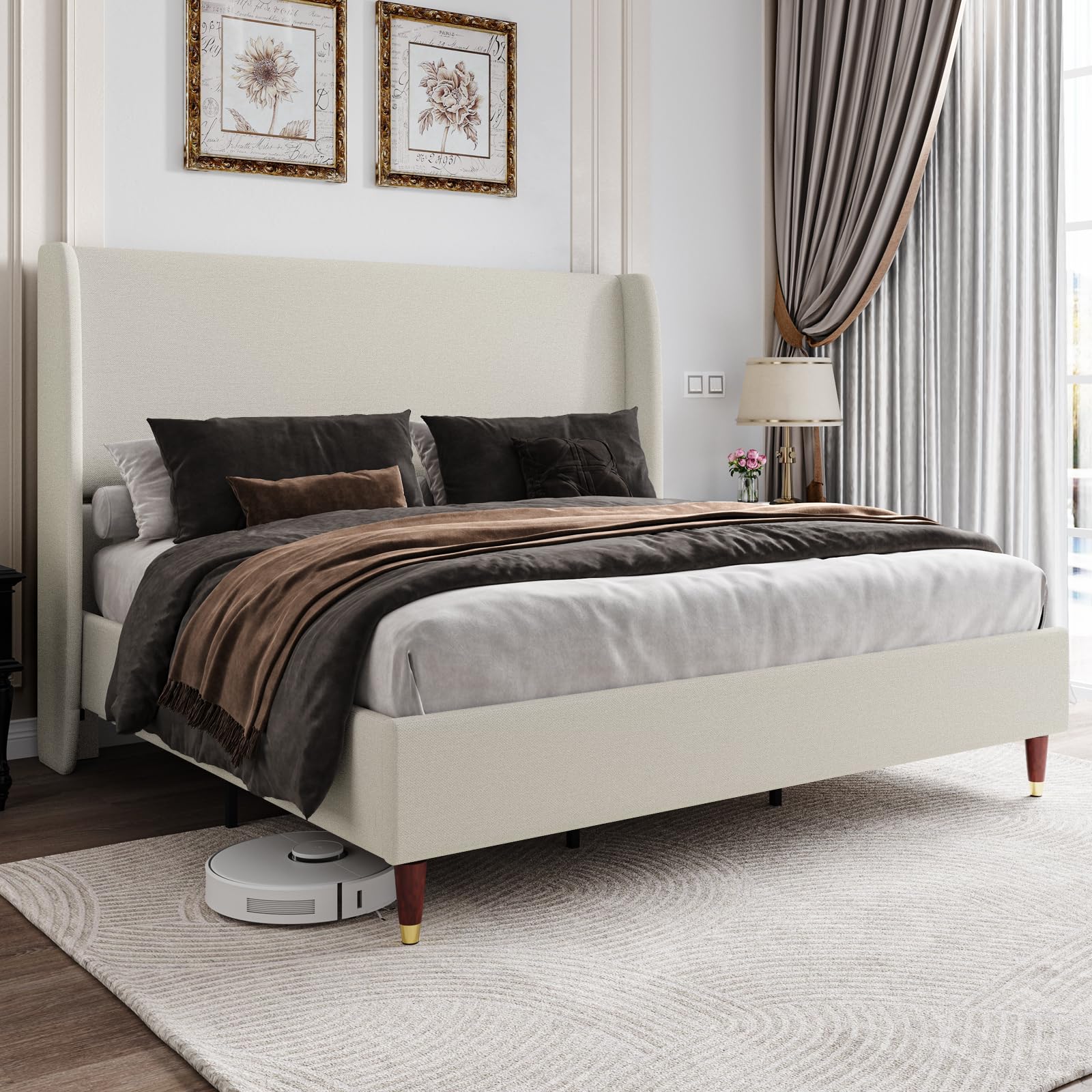 Jocisland Queen Bed Frame Upholstered Bed 51.2 High Platform Bed with Wingback Headboard/No Box Spring Needed/Easy Assembly/Brow