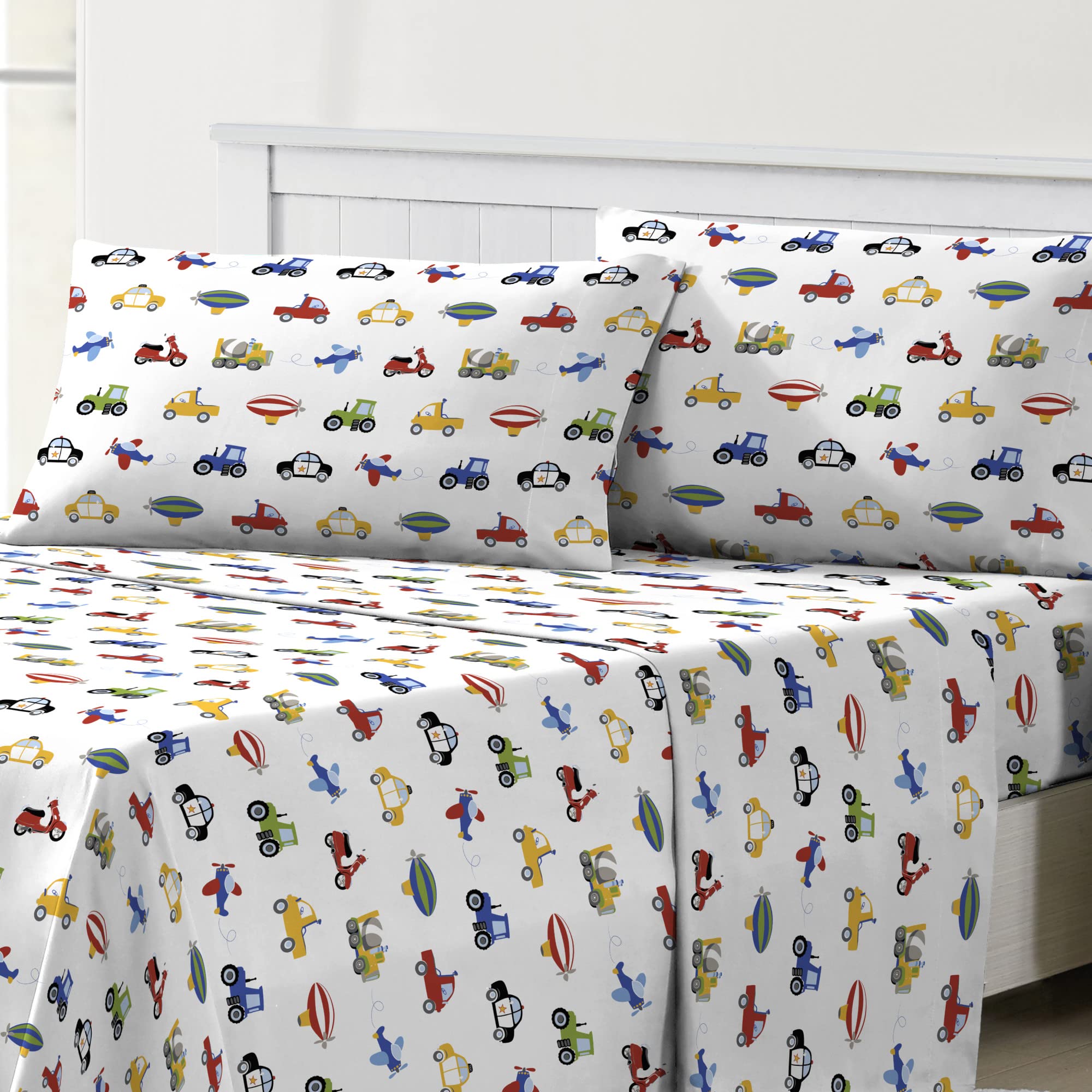 dream FACTORY Kids Sheet Set Lightweight Microfiber Bed Sheets Super Soft Easy Wash Cozy Bedding 10 Pocket - Twin, Blue Trucks T