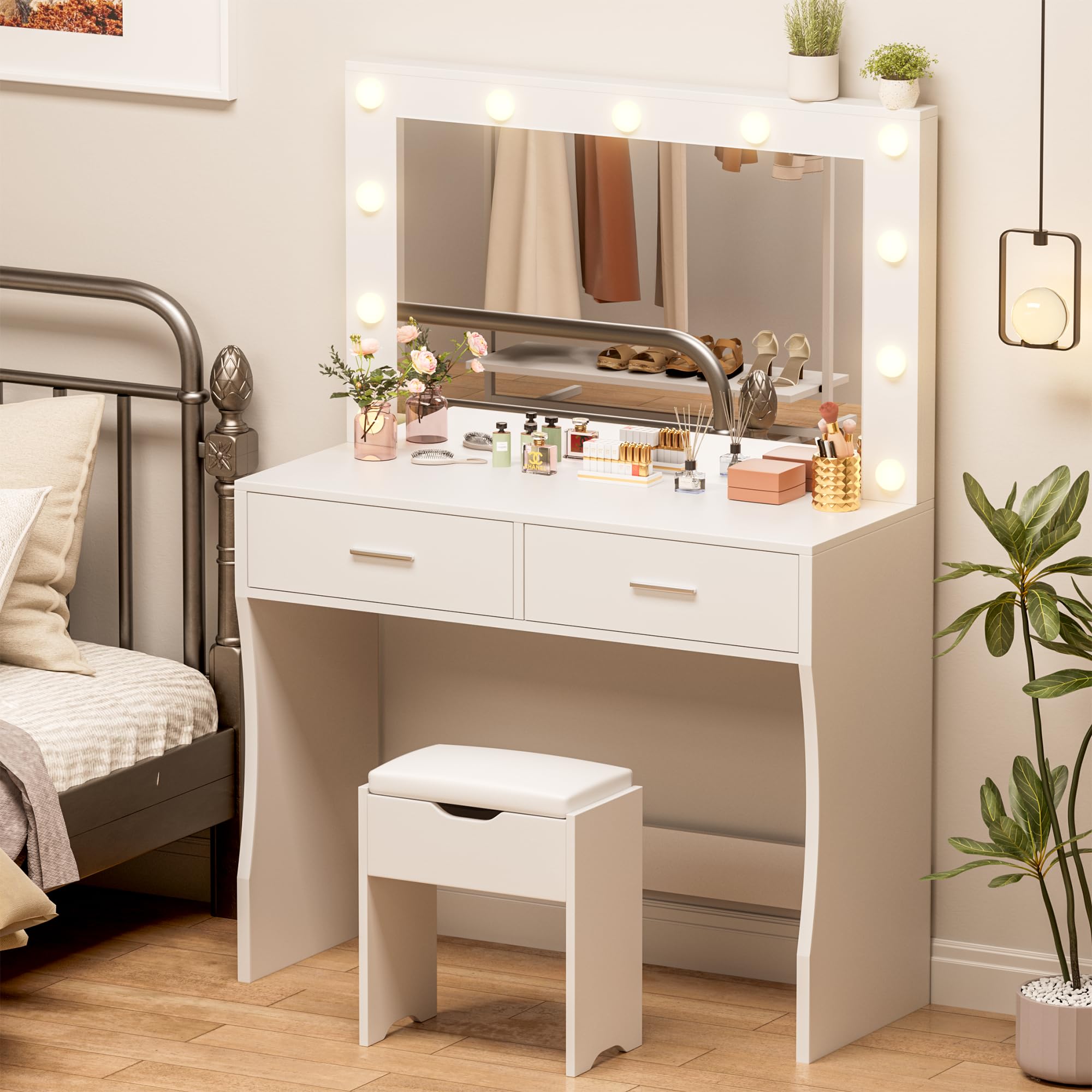 YESHOMY Vanity Desk with Mirror, Makeup Table with 11 Adjustable Lights and 2 Spacious Drawers, Soft-Padded Storage Stool, 3 Lig