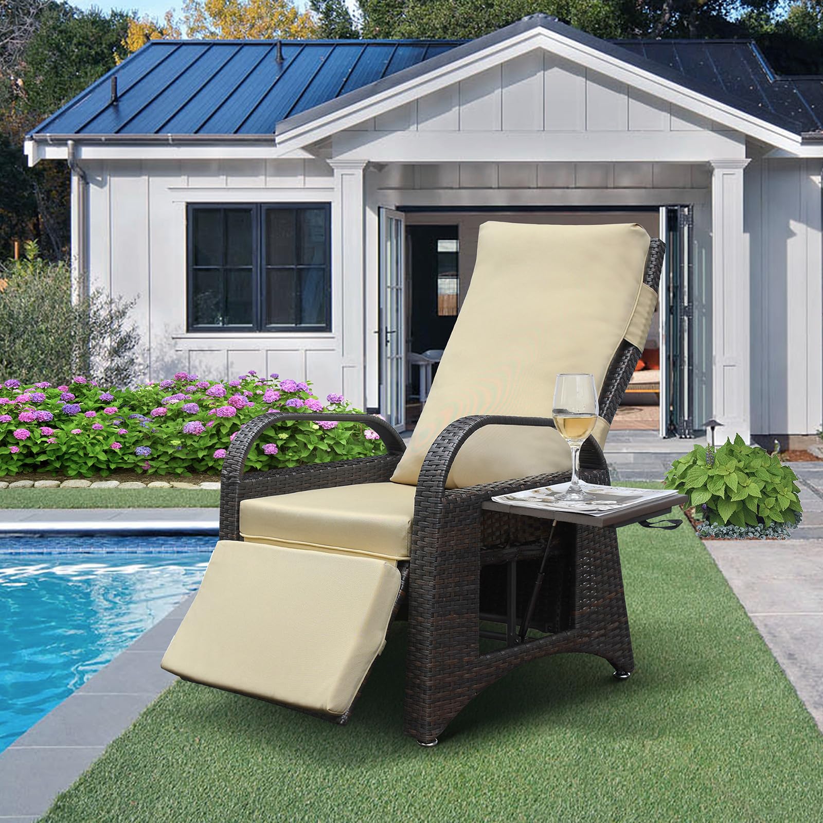 Skypatio Indoor/Outdoor Wicker Recliner Chair, Adjustable Backrest Patio Recliner Lounge Chair with Flip Side Table, Footrest an