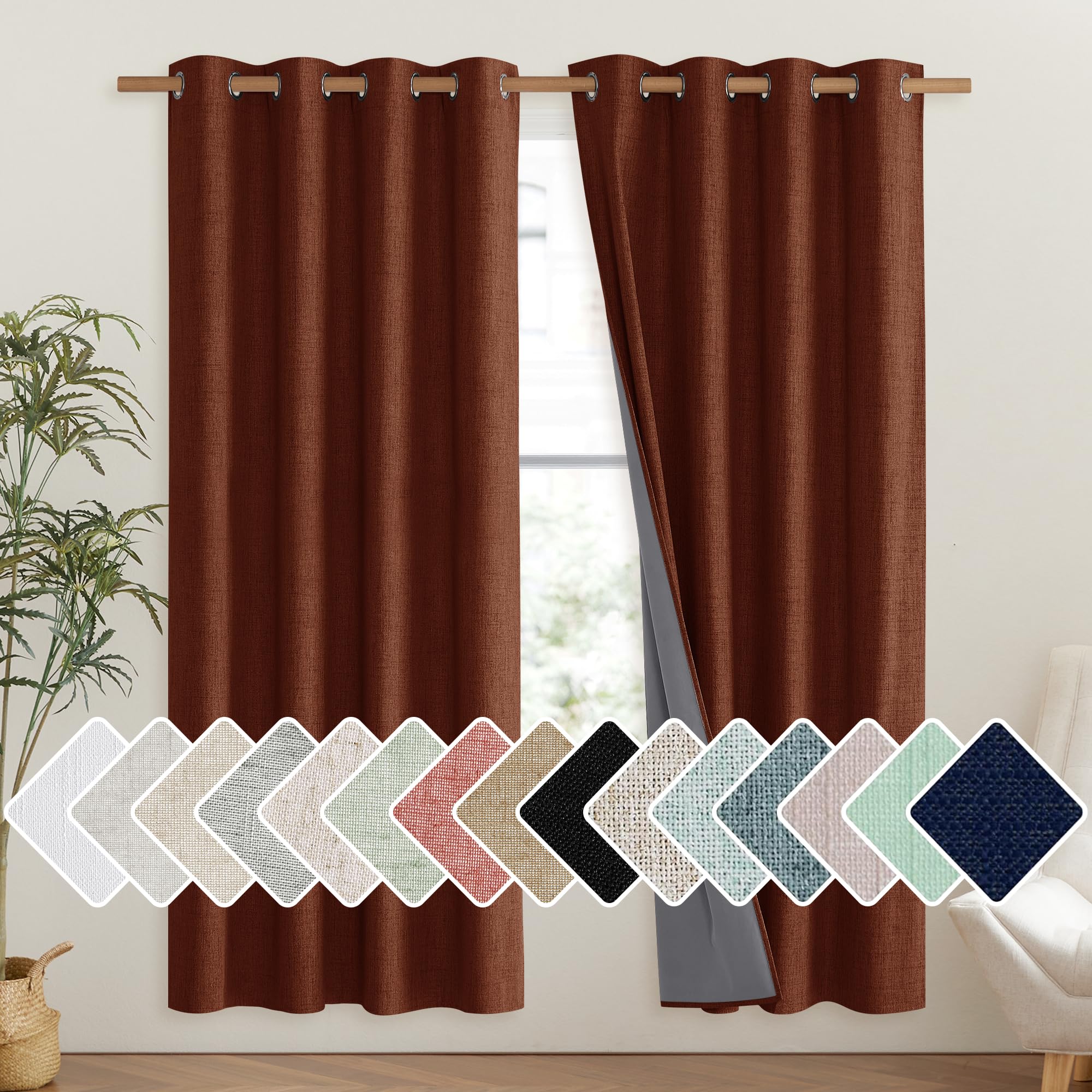 NICETOWN 100% Absolutely Blackout Linen Curtains with Thermal Insulated Liner, 52 Wide, 2 Panels, 72 Long Drapes, Grommet Retro 