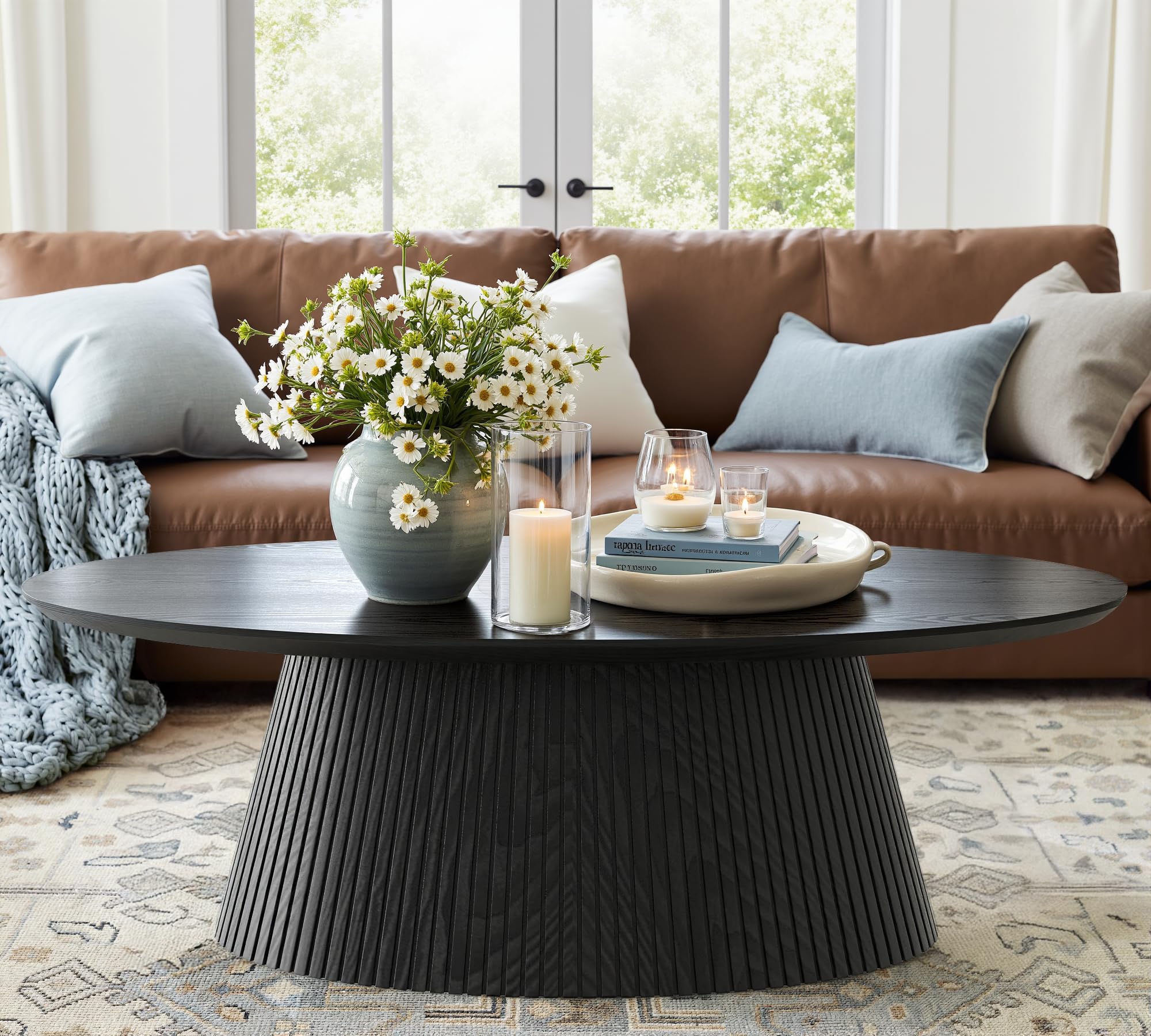 win2win Oval Coffee Table, Modern Coffee Table with Fluted Design, Minimalist Tea Table with Wood Grain Veneer, Small Funky Cent