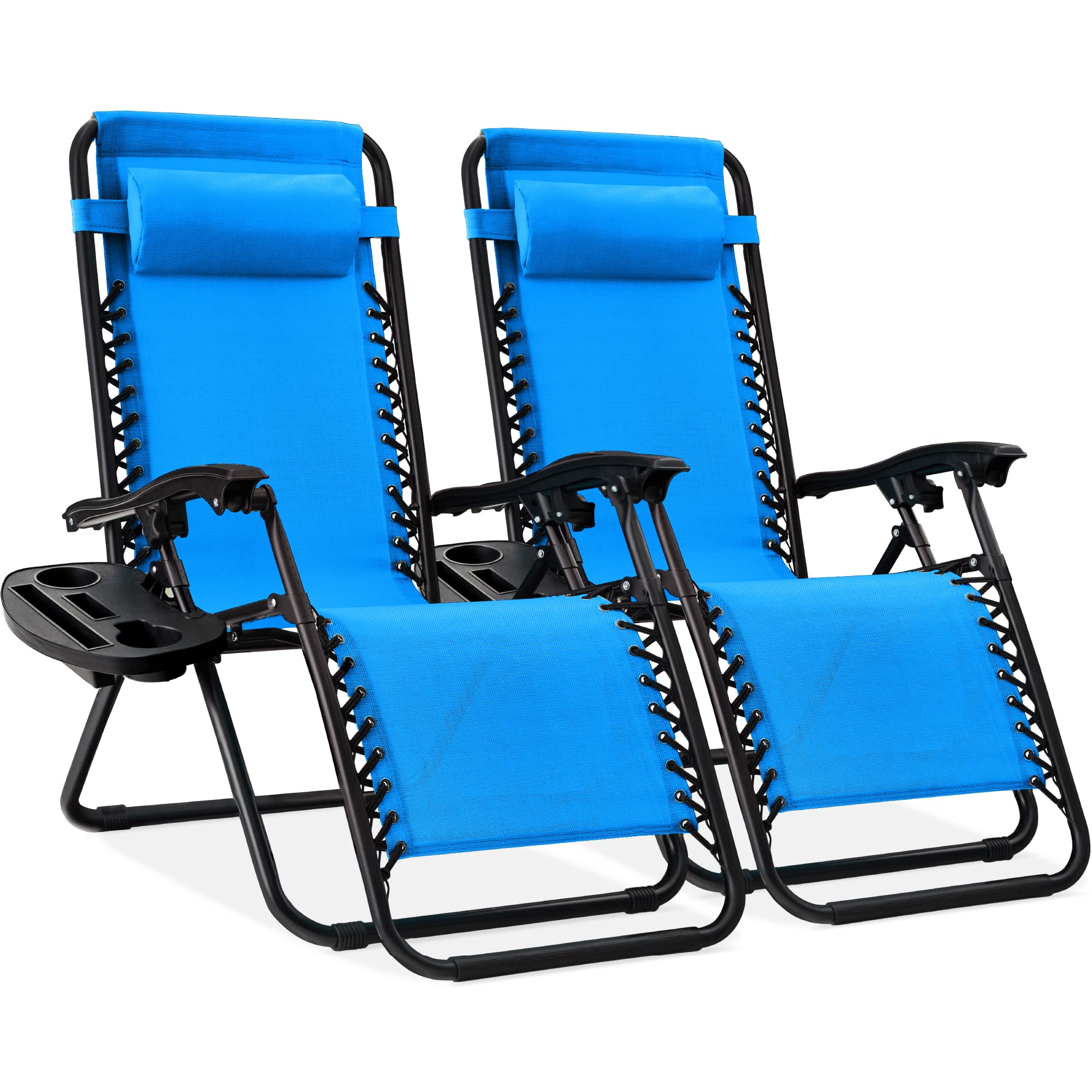 Best Choice Products Set of 2 Adjustable Steel Mesh Zero Gravity Lounge Chair Recliners w/Pillows and Cup Holder Trays - Light B