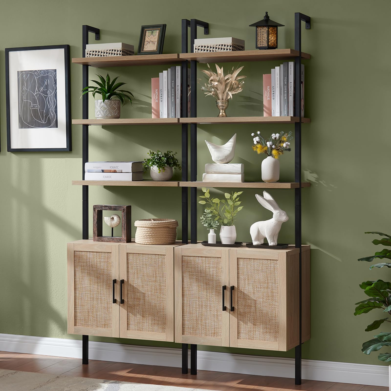 5 Tier Book Shelf Set of 2, 73 Tall Bookshelf with Storage, Modern Bookcase with Shelves, Wall Mount Ladder Shelf with Steel Fra