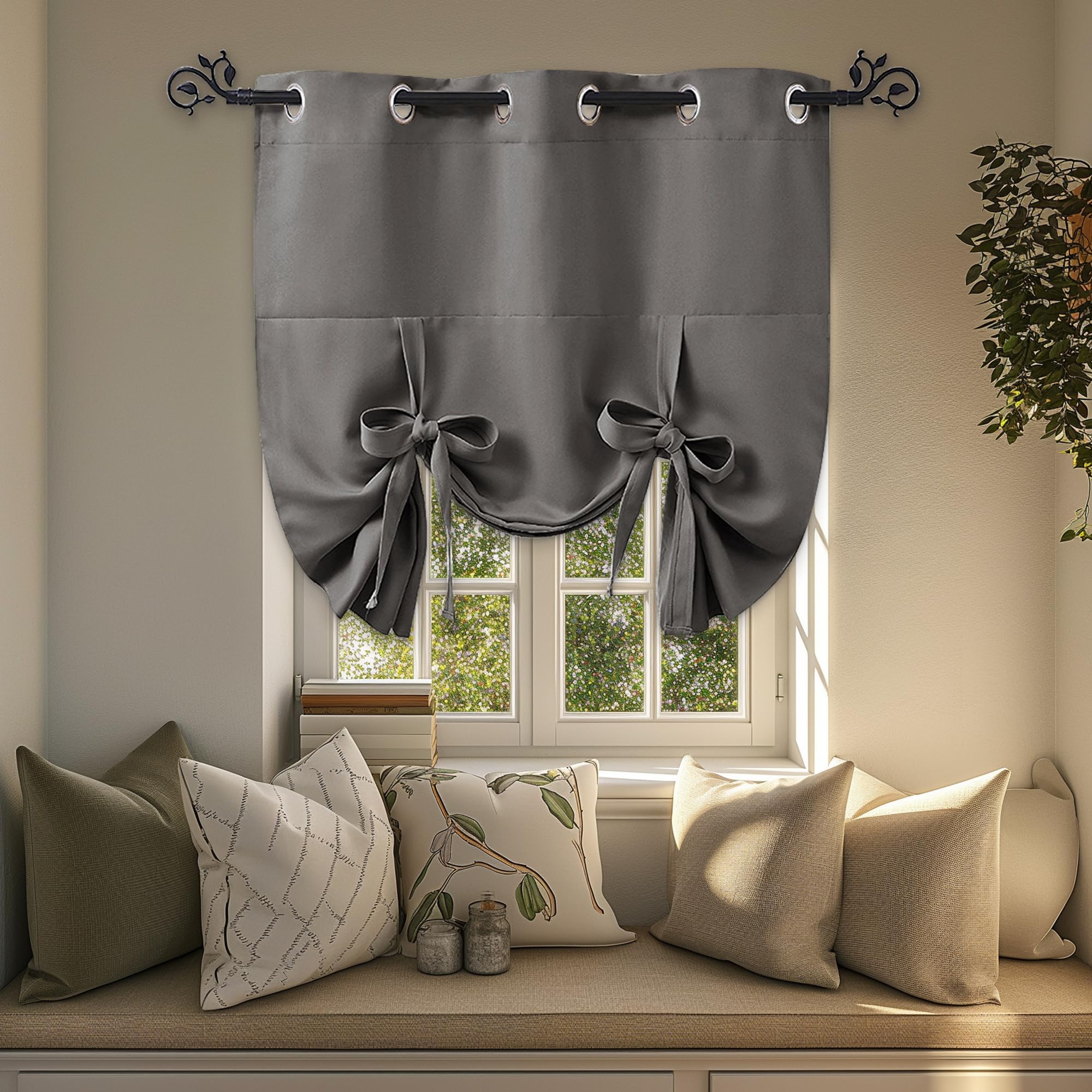PONY DANCE Tie Up Curtain - Small Kitchen Curtains and Valances Set Blackout Adjustable Silver Grommet Top Roman Shades for Wind