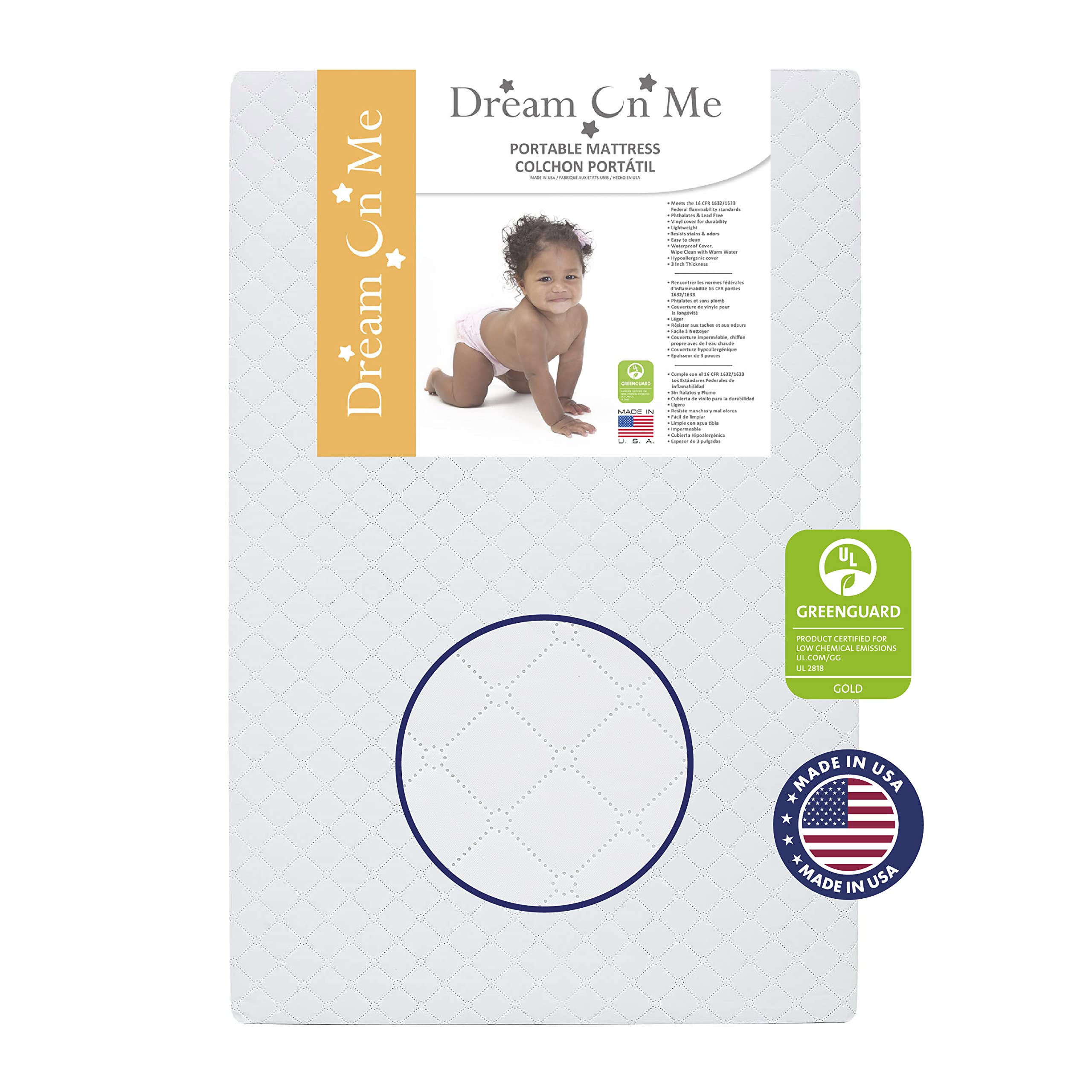 Dream On Me Holly 3    Fiber Portable, Greenguard Gold Certified, Waterproof Vinyl Cover, Lightweight Mini Crib Mattress, White