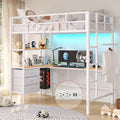 DICTAC Twin Loft Bed with L-Shaped Desk, LED Lights,Charging Station LED Loft Metal Bed Frame Twin Size with 3 Storage Shelves a