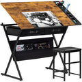 VECELO Drafting Table Art Desk Art Table Adjustable Drawing Table Tilted Tabletop with 2 Storage Drawers and Stool, Drawing Desk