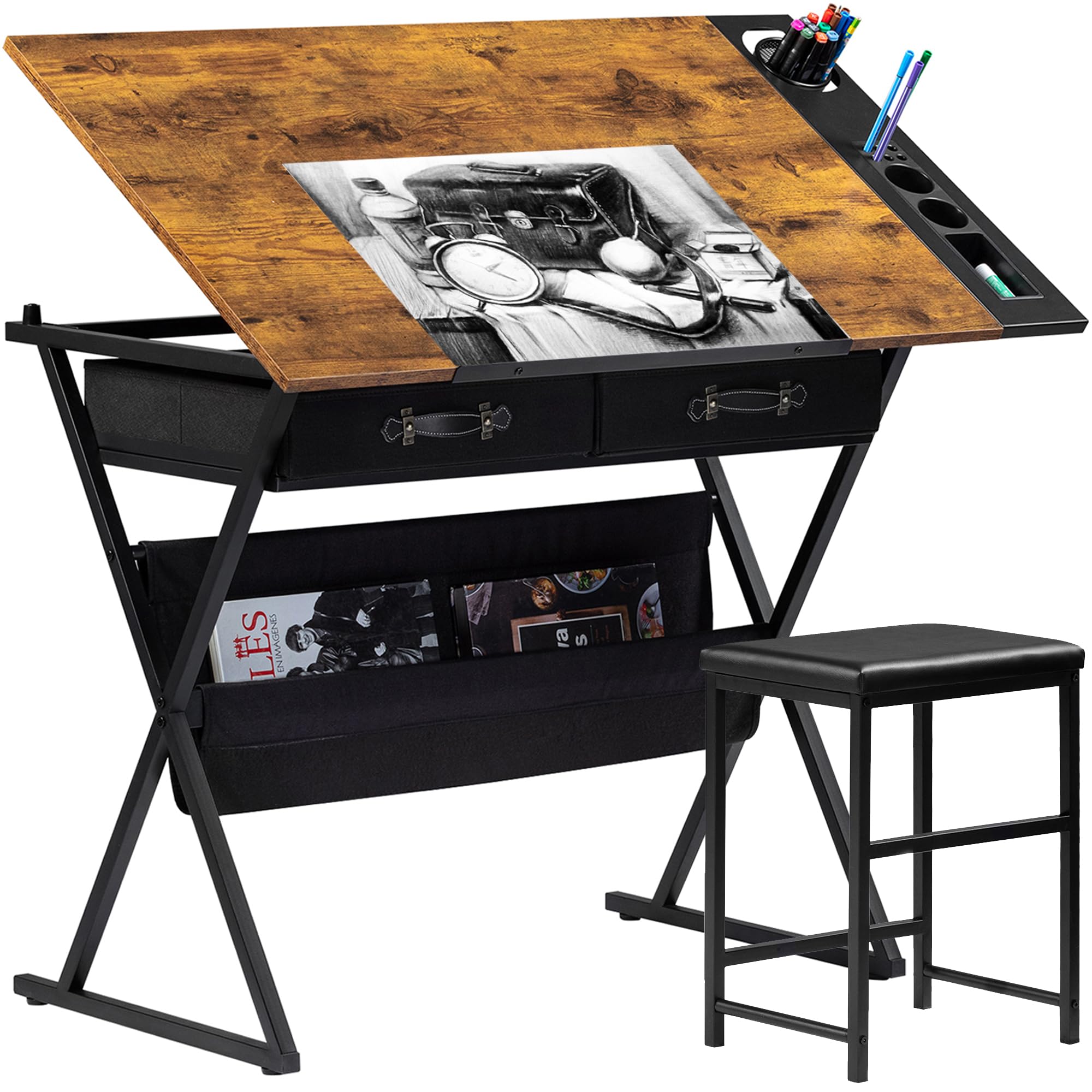 VECELO Drafting Table Art Desk Art Table Adjustable Drawing Table Tilted Tabletop with 2 Storage Drawers and Stool, Drawing Desk