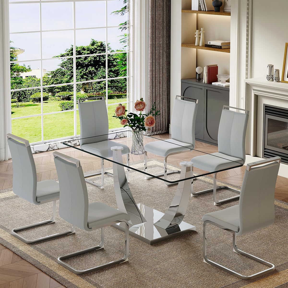 63 Glass Dining Table Set for 6, Dining Table Set for 6, Table with Stainless Steel Leg and Base and 6 Dining Chairs, Dining Roo