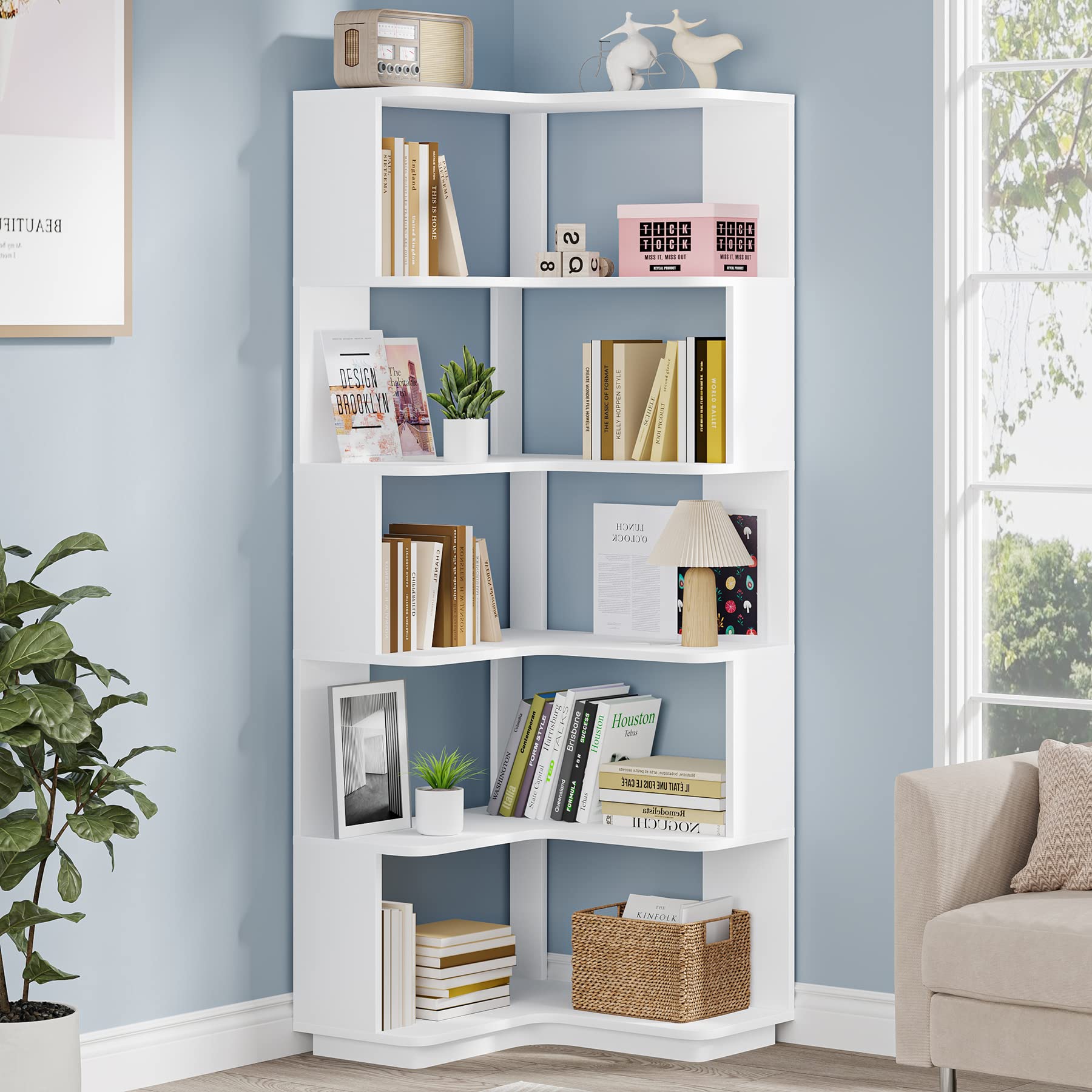 Tribesigns 6-Tier Corner Bookshelf, 64.9 Inches Tall Corner Bookcase with Anti-Drop Panel, Modern Freestanding Shelf Display Rac