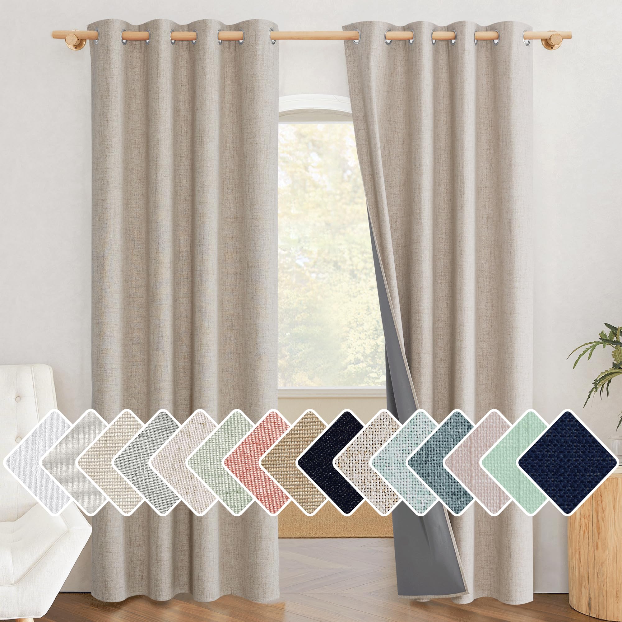 NICETOWN Oatmeal Vintage Open Linen Weave Flax Thermal Curtains, 100% Blackout Curtains 84 inches Long for Dining Room, Soundpro