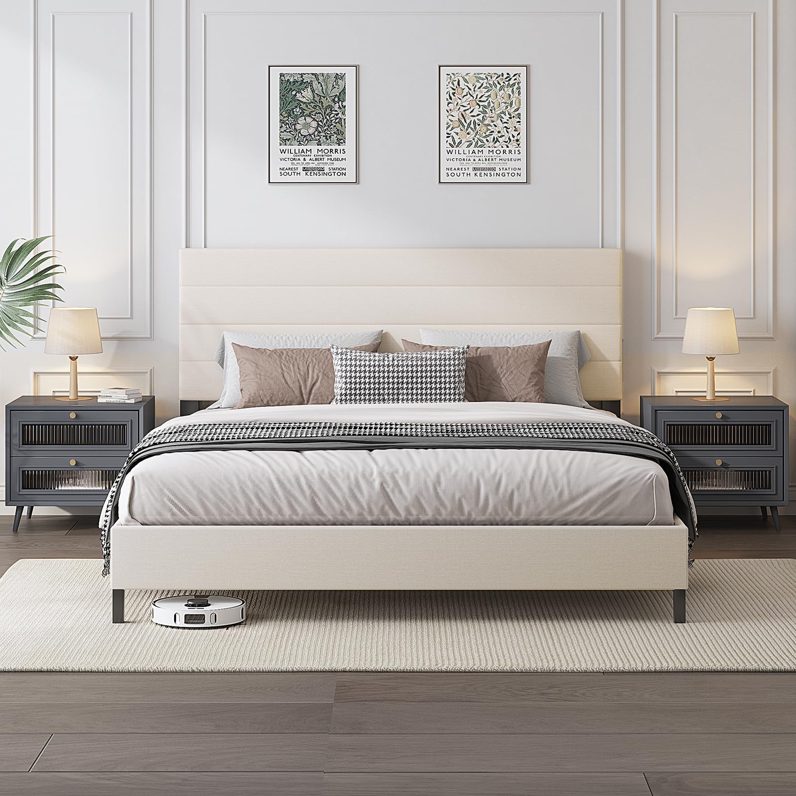 Furnihome Queen Bed Frame, Modern Upholstered Bed Frame with Adjustable Linen Headboard, Wooden Slats Support Platform Queen Siz