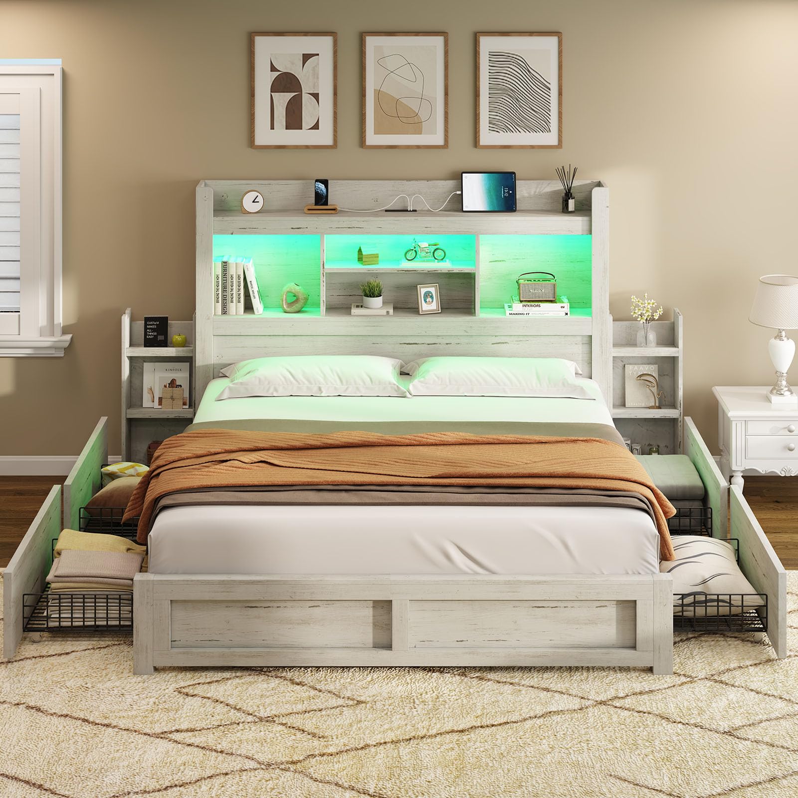 AMERLIFE Queen Bed Frame with 4 Storage Drawer, LED Bed Frame with 49.6 Tall Bookcase Headboard, Wood Platform Bed with Charging
