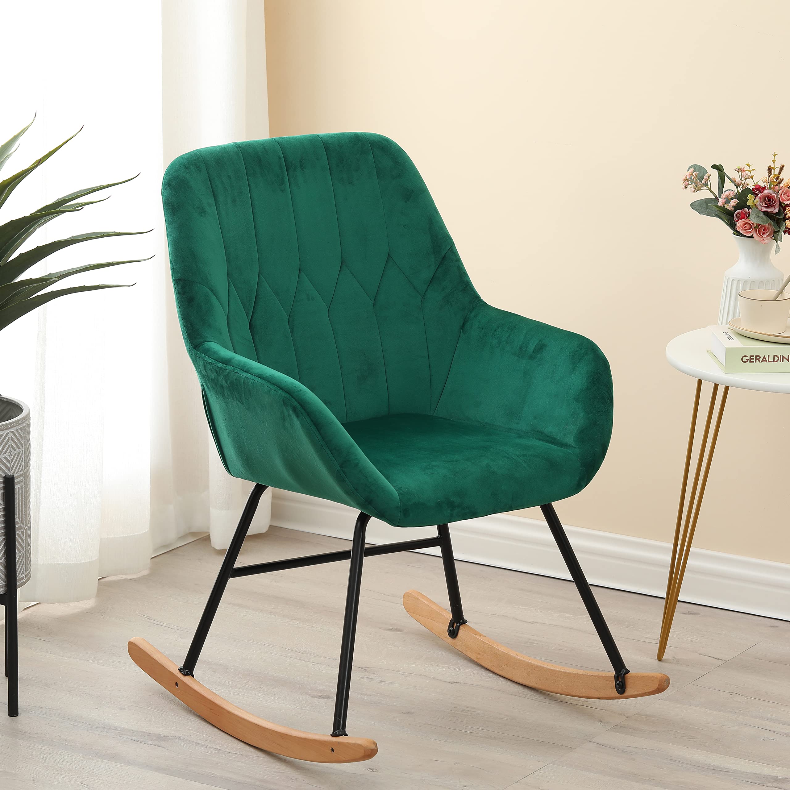 LuxenHome Modern Accent Velvet Chairs, Upholstered Green Rocking Chair, Dining Chairs Single Sofa, Arm Chair for Living Room Bed