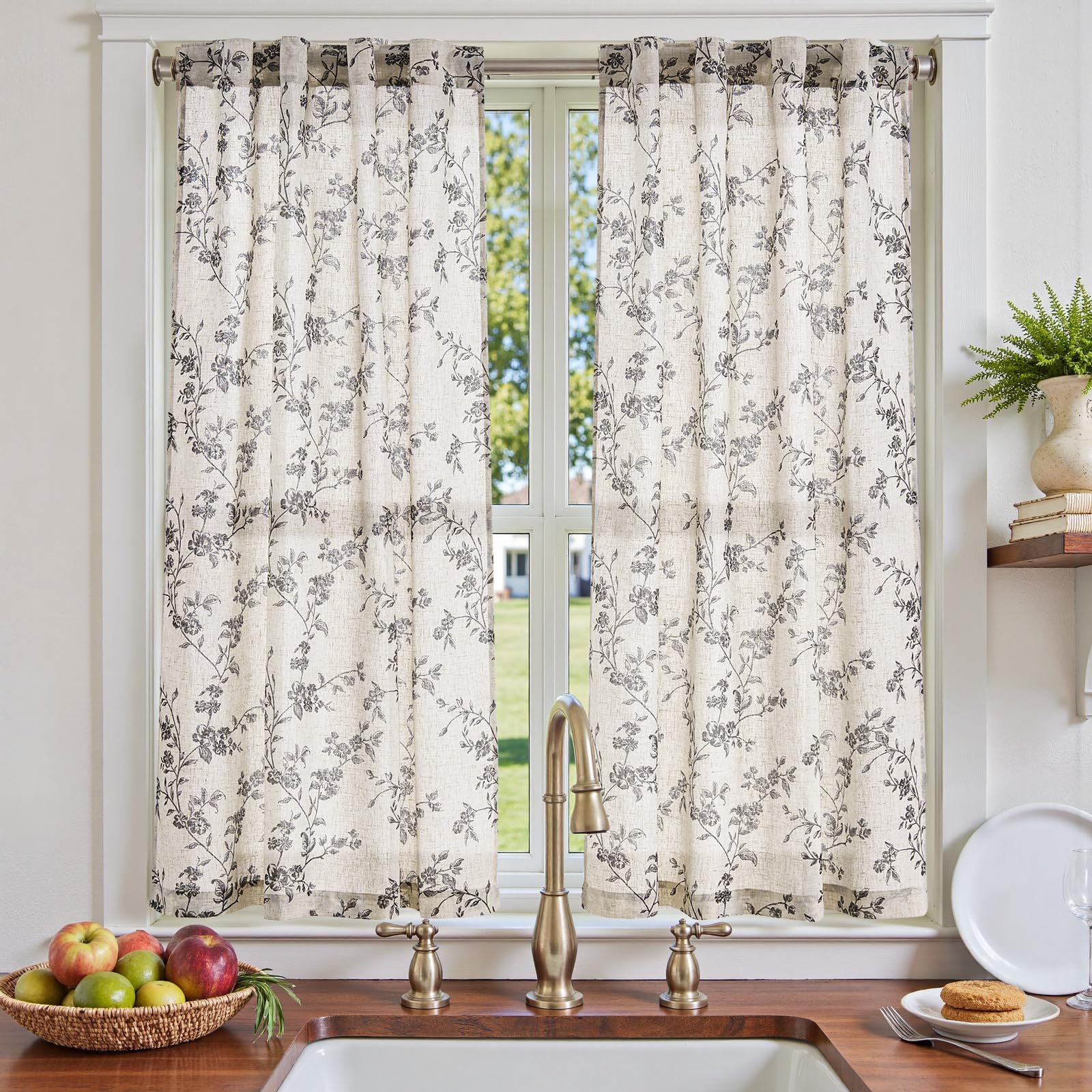 jinchan Floral Kitchen Curtains 54 Inch Linen Tier Curtains Farmhouse Cafe Half Window Drapes for Small Windows Light Filtering 