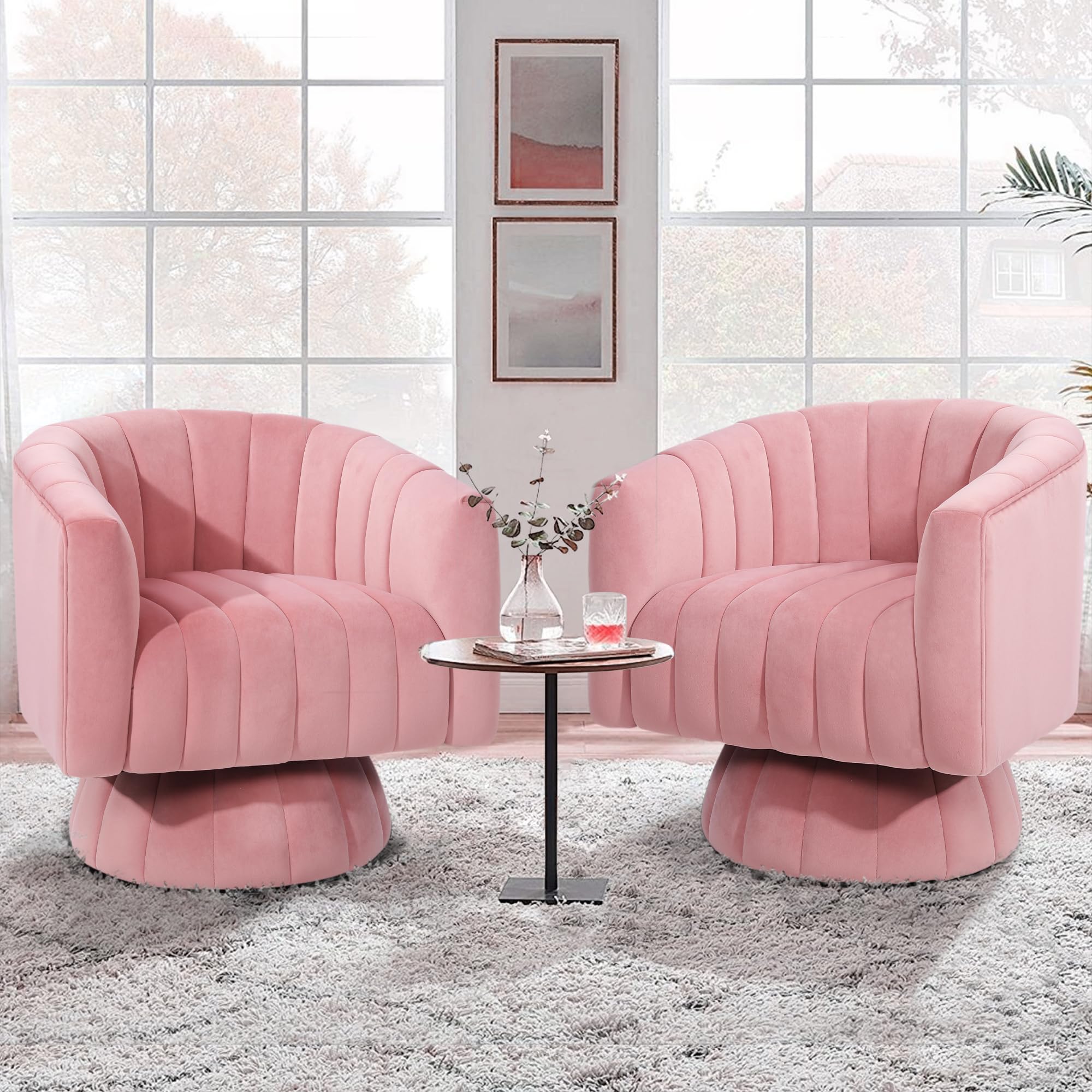 Kromax Swivel Accent Chair with Armrest, Set of 2, Mid Century 360 Degree Swivel Barrel Chair Overstuffed Tufted Velvet, Ideal f