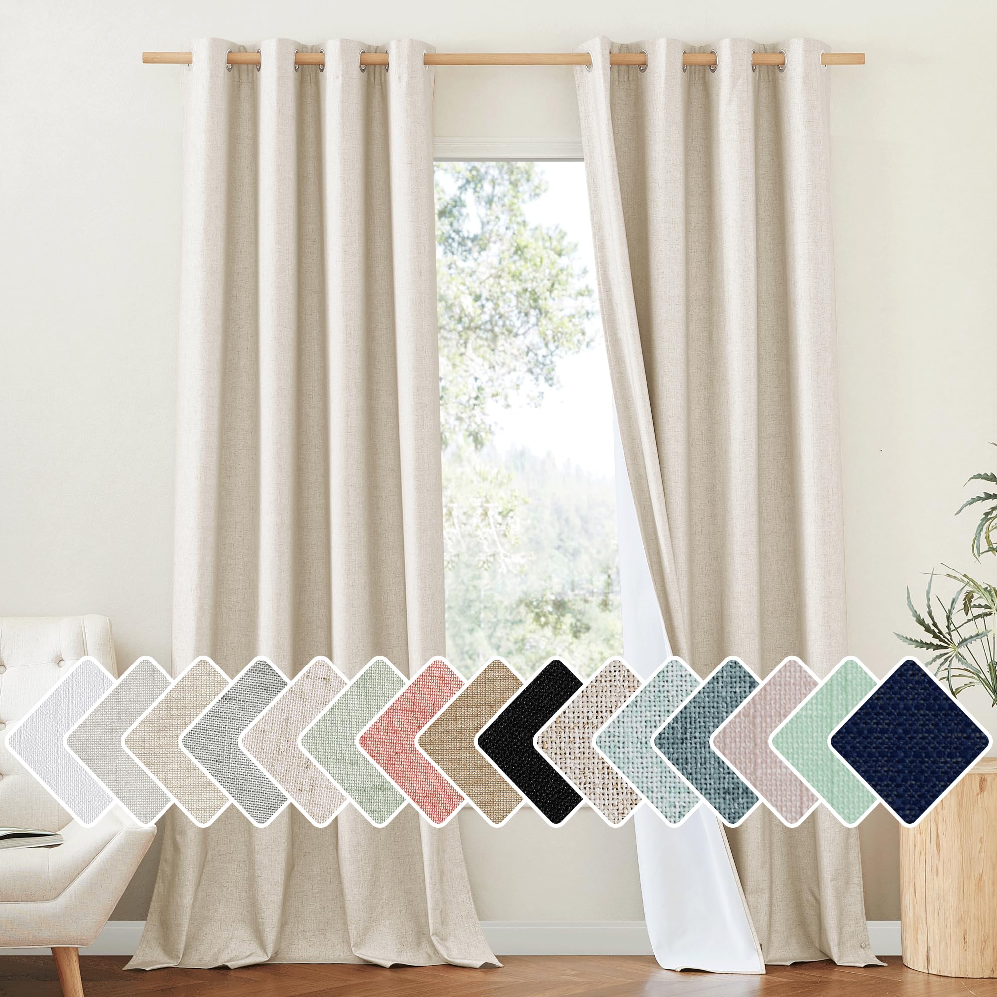 NICETOWN 100% Absolutely Blackout Linen Curtains with Thermal Insulated White Liner, 52 W, 2 PCs, Beige, 95 Long Drapes Sweep Th