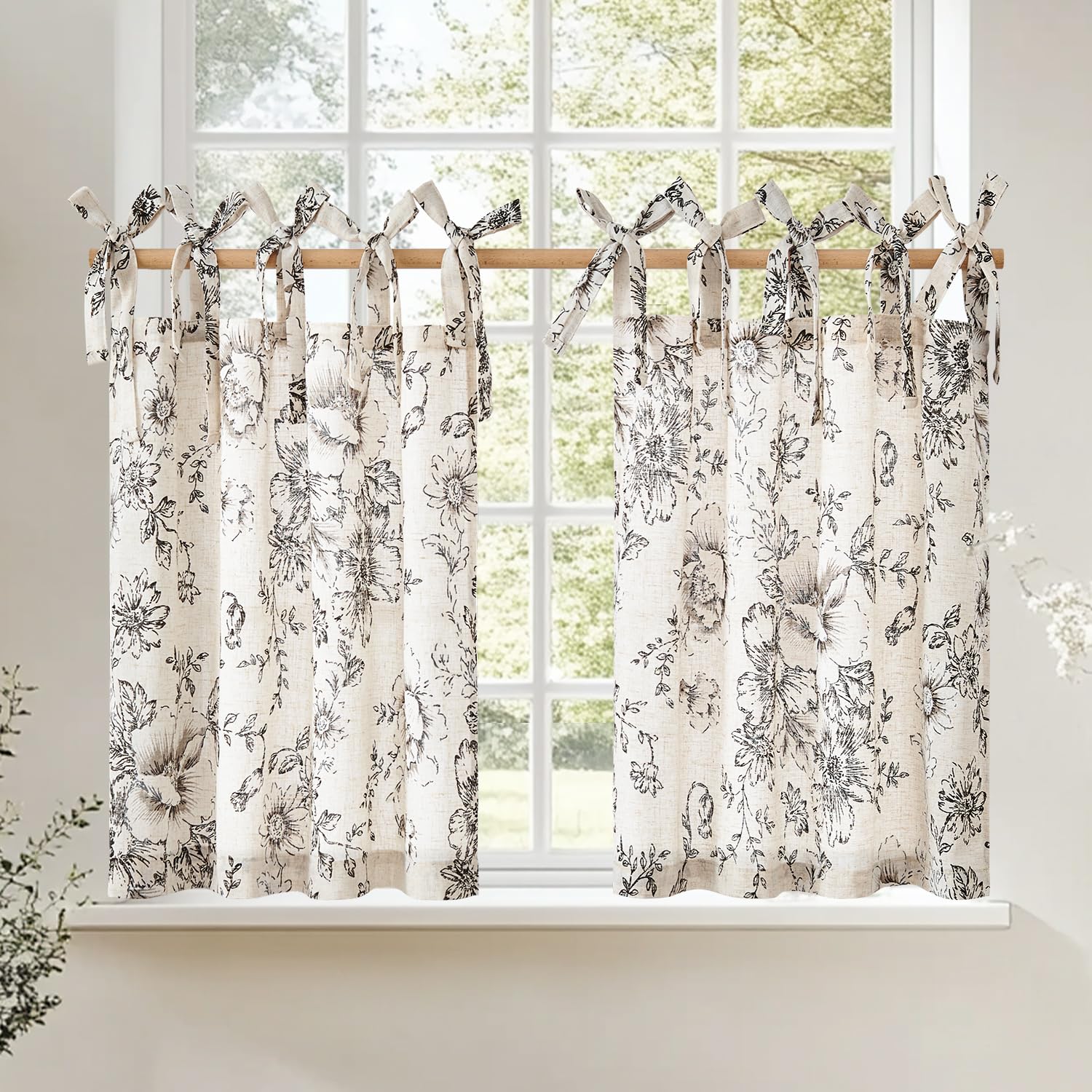 jinchan Floral Linen Tier Curtains 24 Inch Farmhouse Cafe Curtains Tie Top Botanic Drapes for Small Windows Over Sink for Kitche