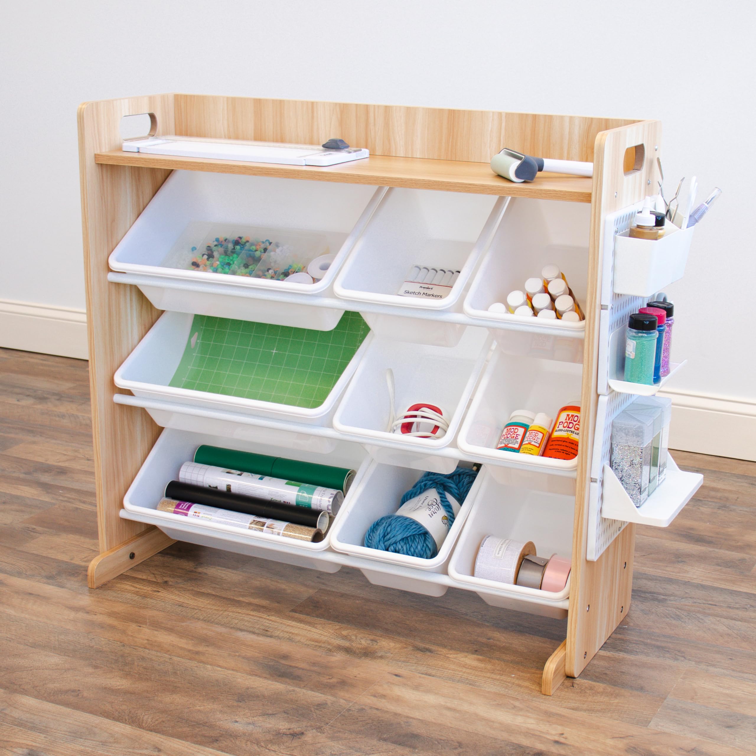 Humble Crew Crafts and Toy Storage Organizer with Top Shelf and 9 Removable Bins, Natural/White Toddler Bookshelf with Organizer