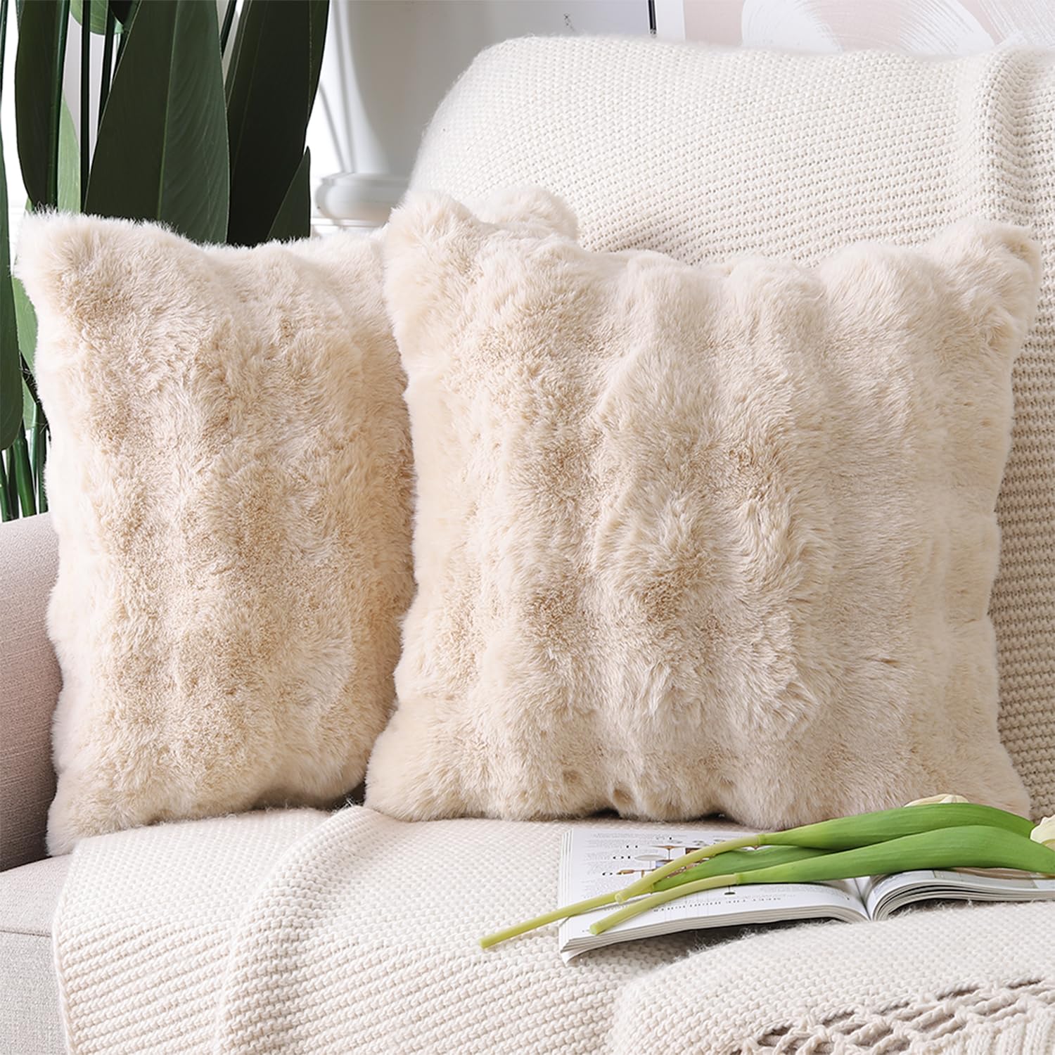 MADIZZ Pack of 2 Thick Plush Wool Throw Pillow Covers 18x18 Inch Beige Soft Decorative Cushion Cover for Sofa Bedroom Pillow She