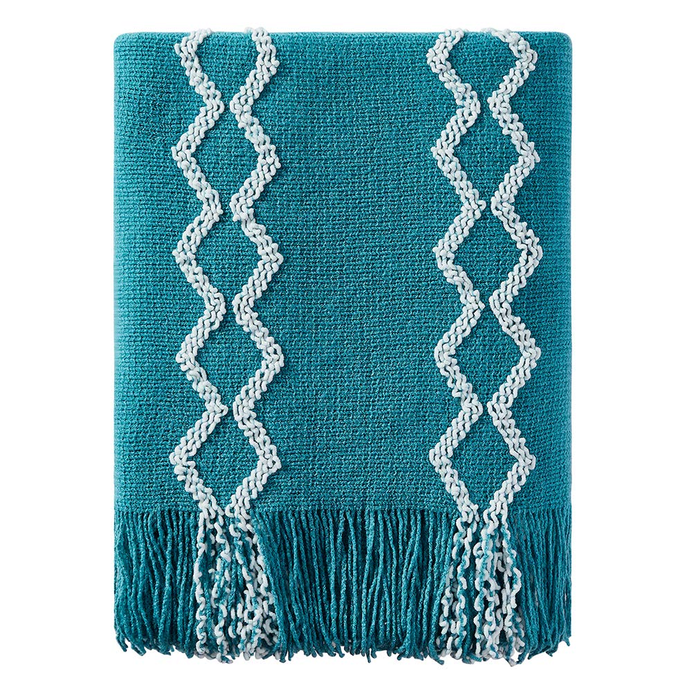 BOURINA Fluffy Chenille Knitted Fringe Throw Blanket Lightweight Soft Cozy for Bed Sofa Chair Throw Blankets, Teal 50 x 60