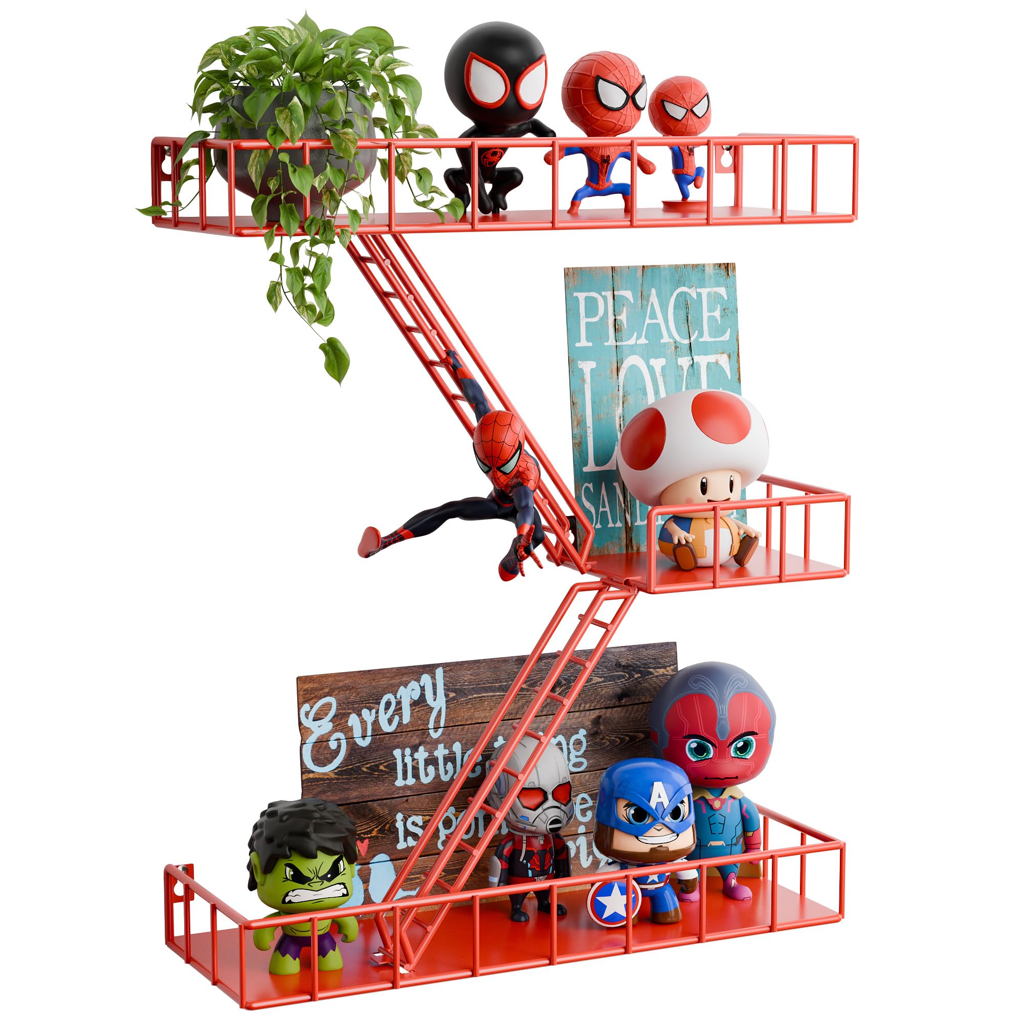 Fire Escape Shelf - 3 Tier Metal Large Red Fire Escape Wall Shelf, New York Action Figurine Display Shelf, Decorative Wall Shelf