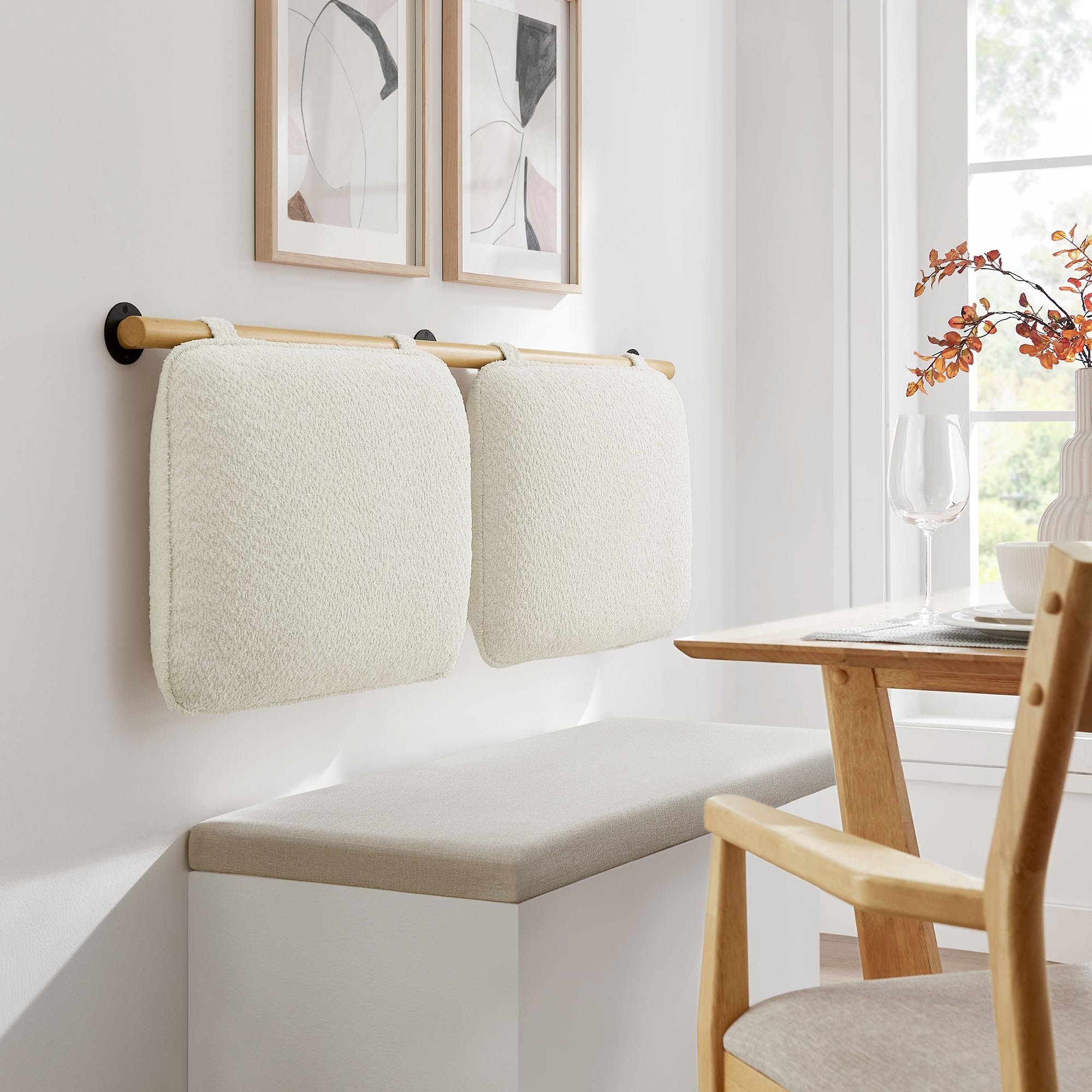 Modway Anela Chenille Upholstered Wall-Mounted Headboard Queen Size in Cream Natural - Floating Padded Headboard with Wood Bar a