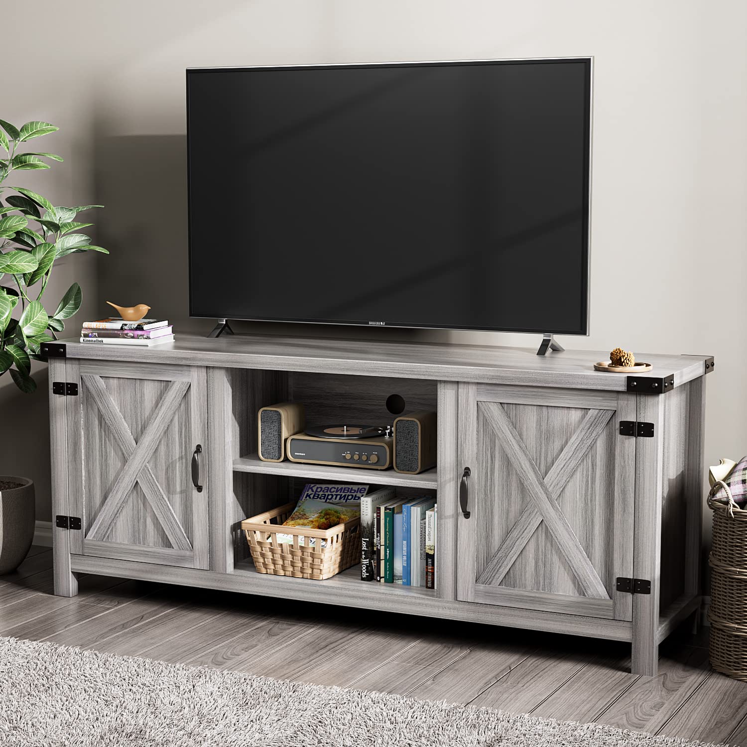 YESHOMY Modern Farmhouse TV Stand with Two Barn Doors and Storage Cabinets for Televisions up to 65+ Inch, Entertainment Center 