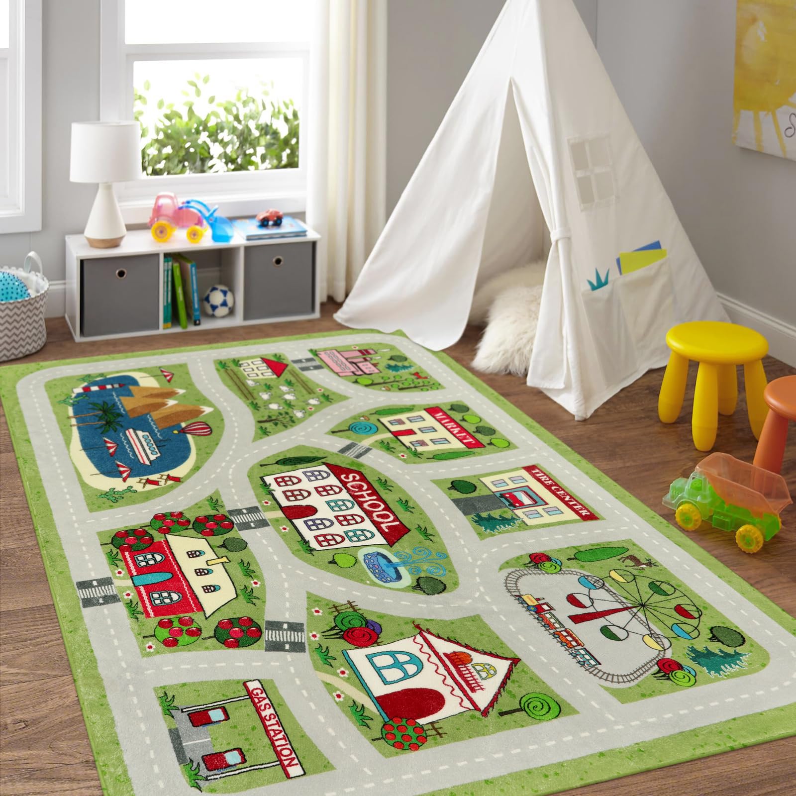 LIVEBOX Green Kids Playroom Rug, 5x7 Washable Road Rug for Kids Room, Non-Slip Soft Car Rug Play Mat for Baby Nursery, Large C