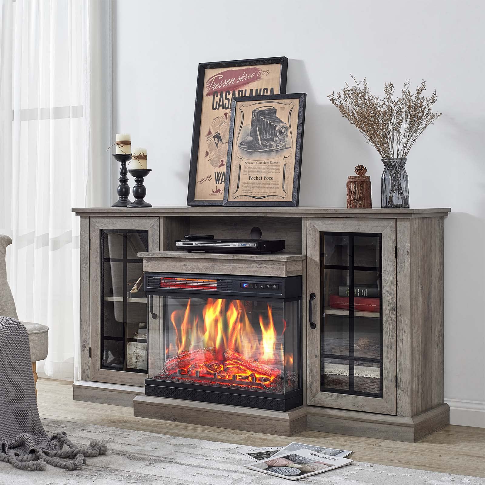 AMERLIFE 3-Sided Glass Fireplace TV Stand for TVs up to 65   with 12 Color, Media Entertainment Center Console Table with Door