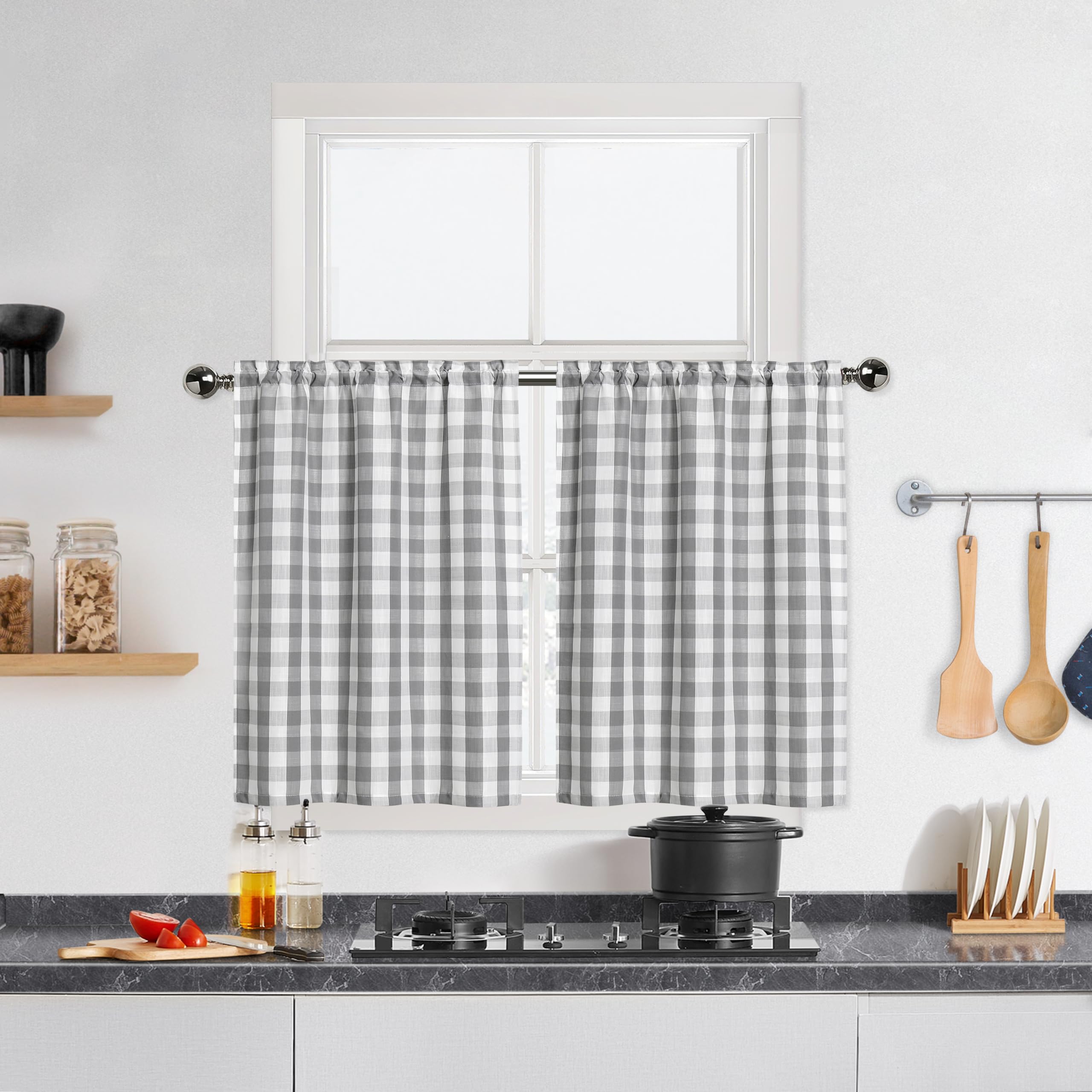 Bapawfish Buffalo Check Grey Kitchen Cafe Curtains 45 Inches Length, Buffalo Plaid Pattern Short Bathroom Window Curtain, Gingha