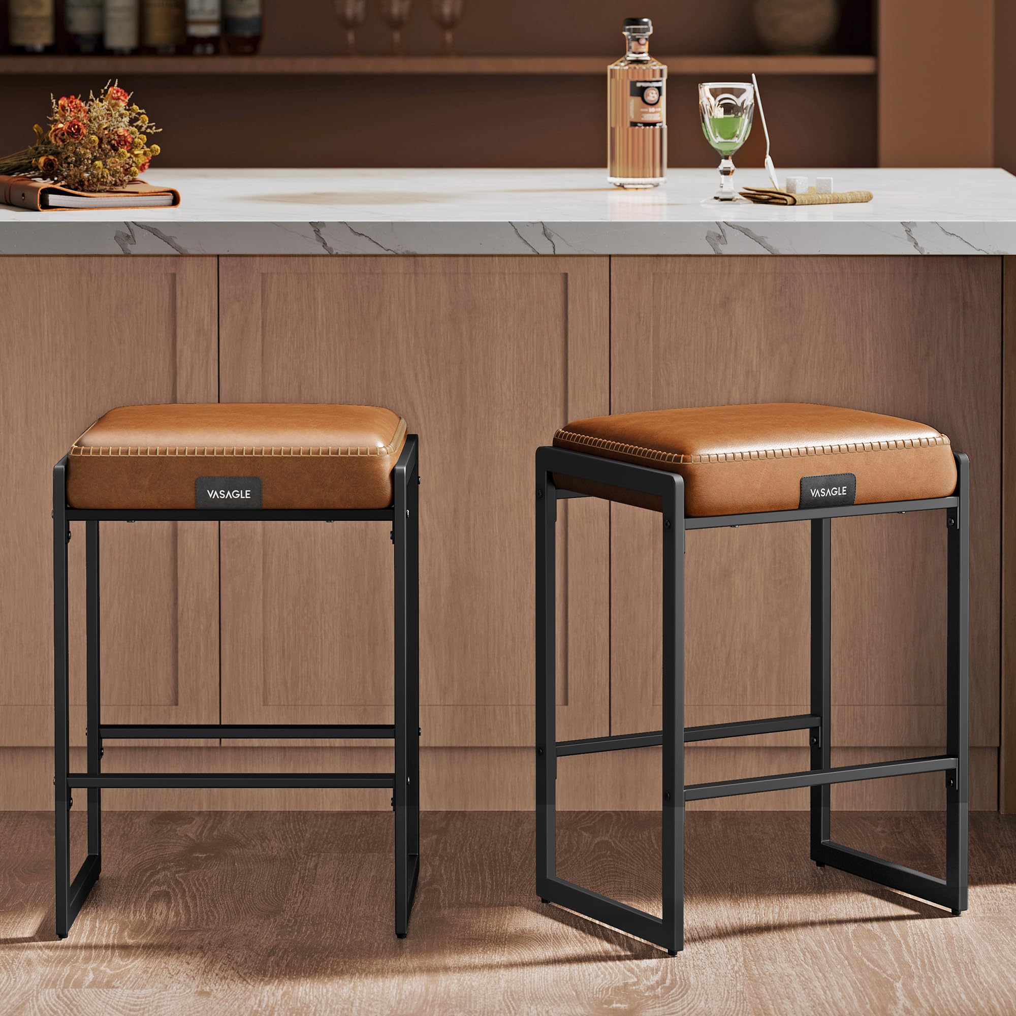 VASAGLE EKHO Collection - Bar Stools Set of 2, Counter Height Bar Stools, Synthetic Leather with Stitching, Mid-Century Modern C