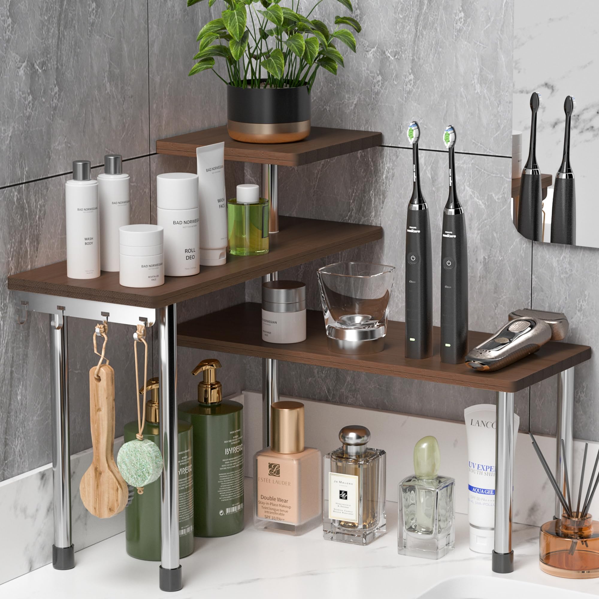 ZHWS Bathroom Counter Organizer for MakeUps, Dresser Table, Kitchen Countertop Organizer Adjustable 3 Tier Corner Shelf with 4 M
