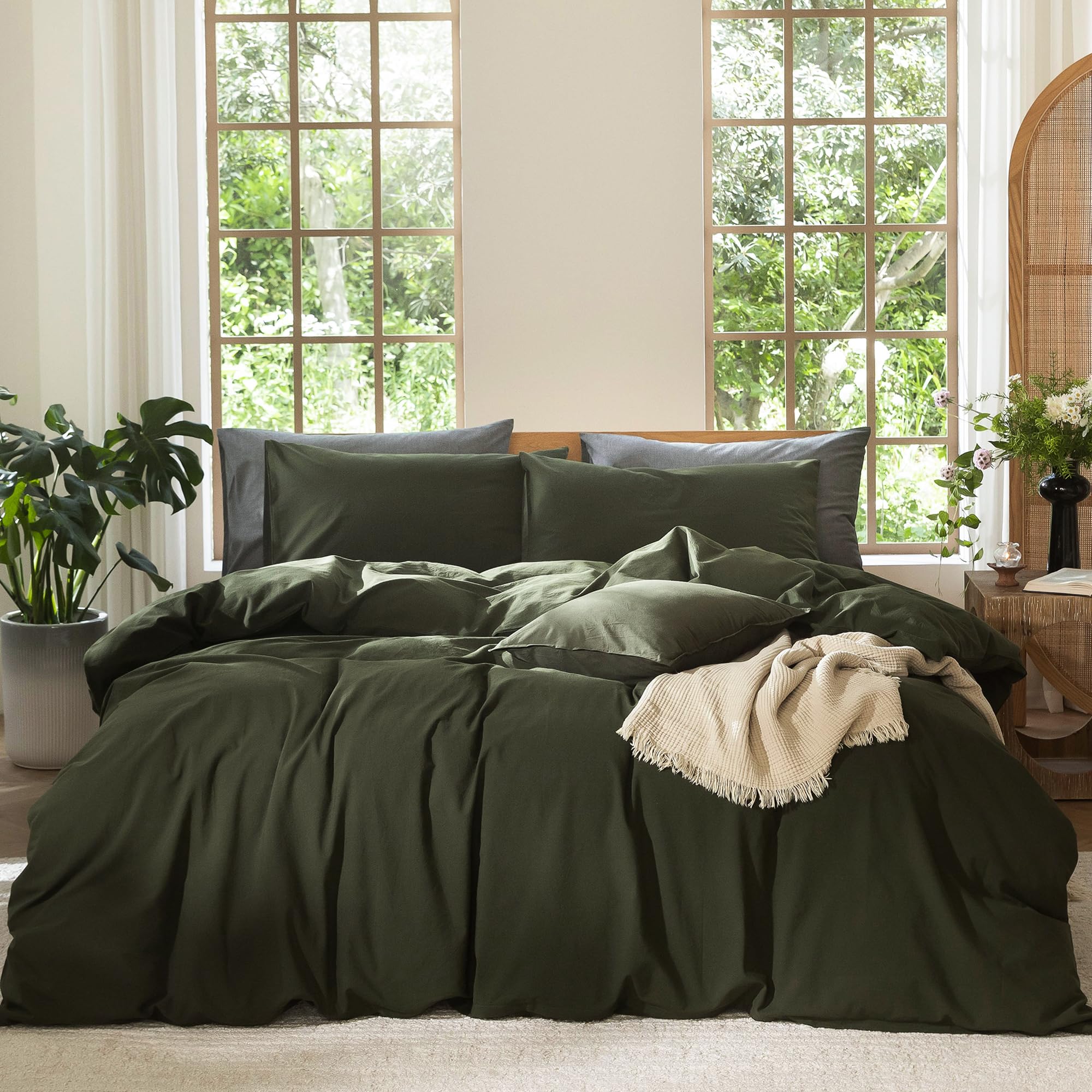 MooMee Bedding Duvet Cover Set 100% Washed Cotton Linen Like Textured Breathable Durable Soft Comfy (Solid Olive Green, Queen 90