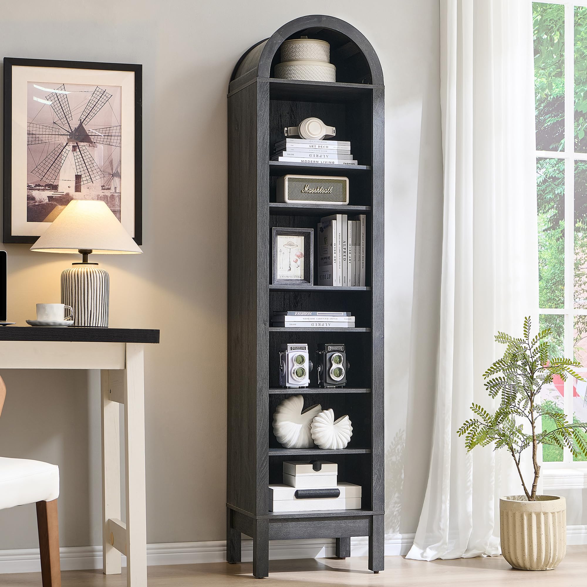 IFGET 71 Tall Arched Bookshelf, 8 Tiers Arch Bookcase with Storage, Modern Farmhouse Book Shelf with Adjustable Shelves, Wood Bo