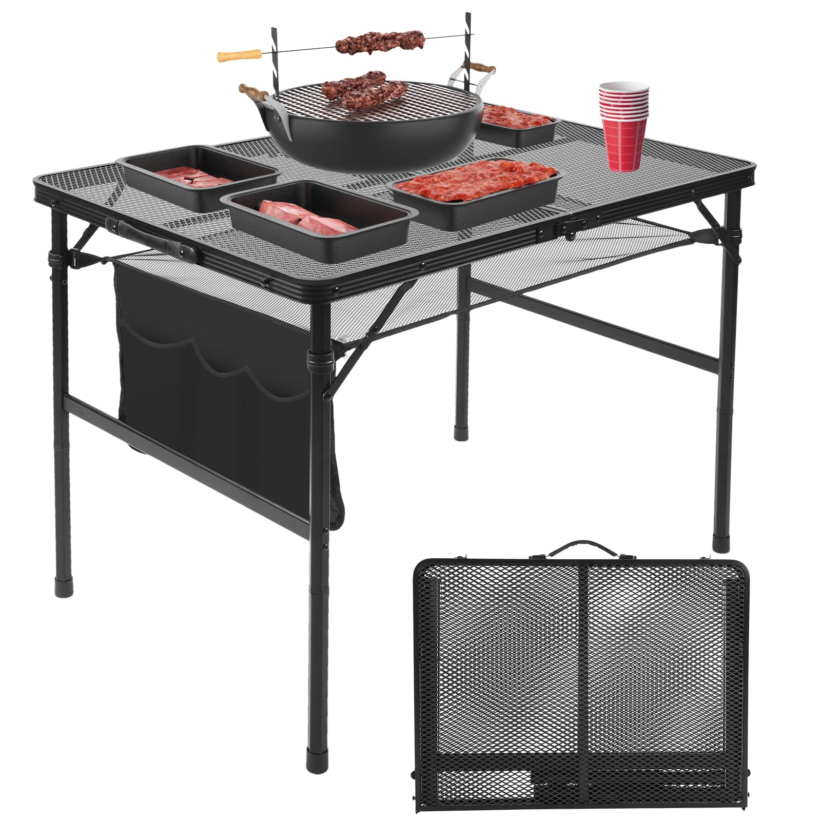 Pnbfhn Folding Grill Table, 3x2 FT Portable Camping Table, Lightweight Height Adjustable Metal Picnic Table with Mesh Desktop an
